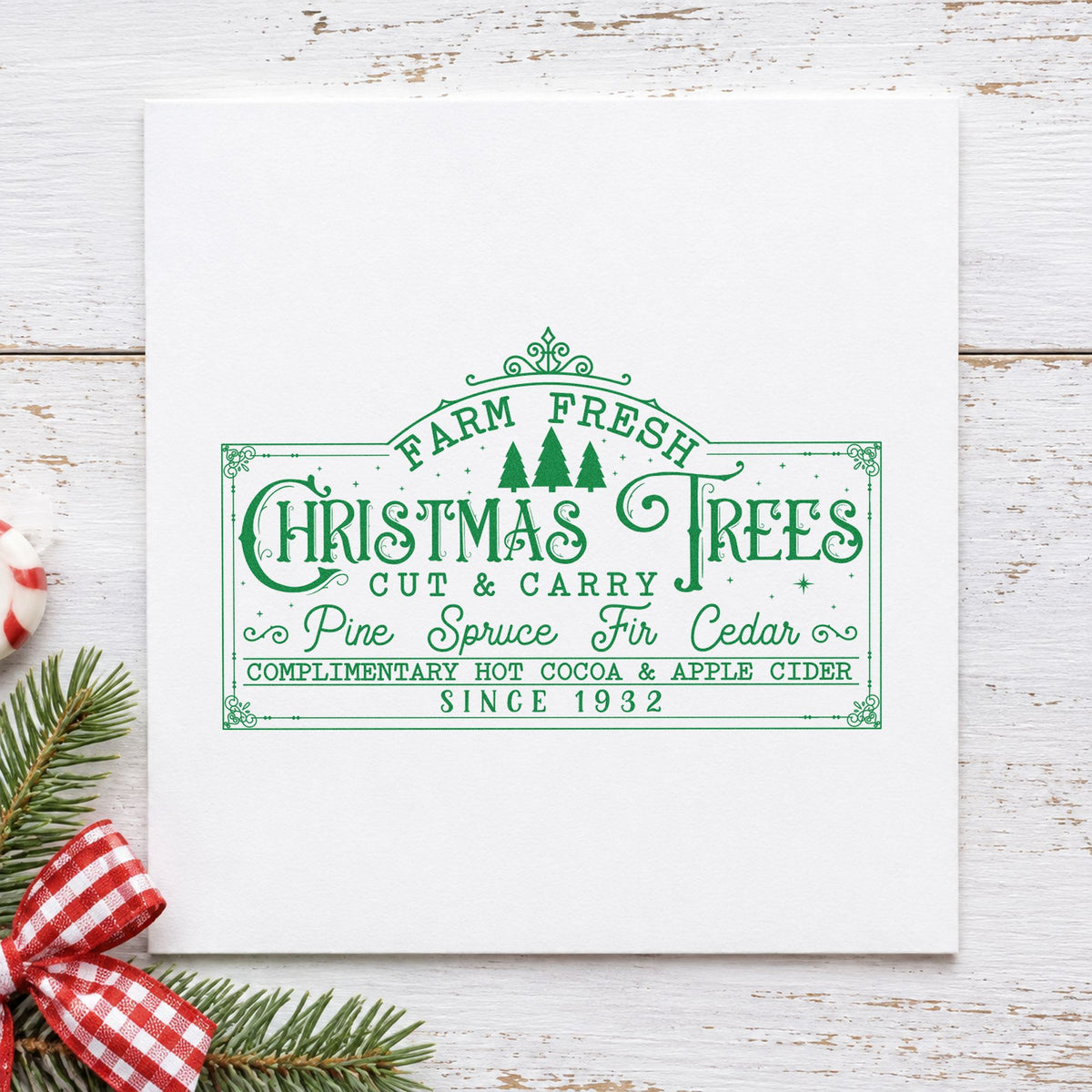 Farm Fresh Christmas Trees Sign craft stamp imprint in green ink on a handmade project, one idea being care guide cards.