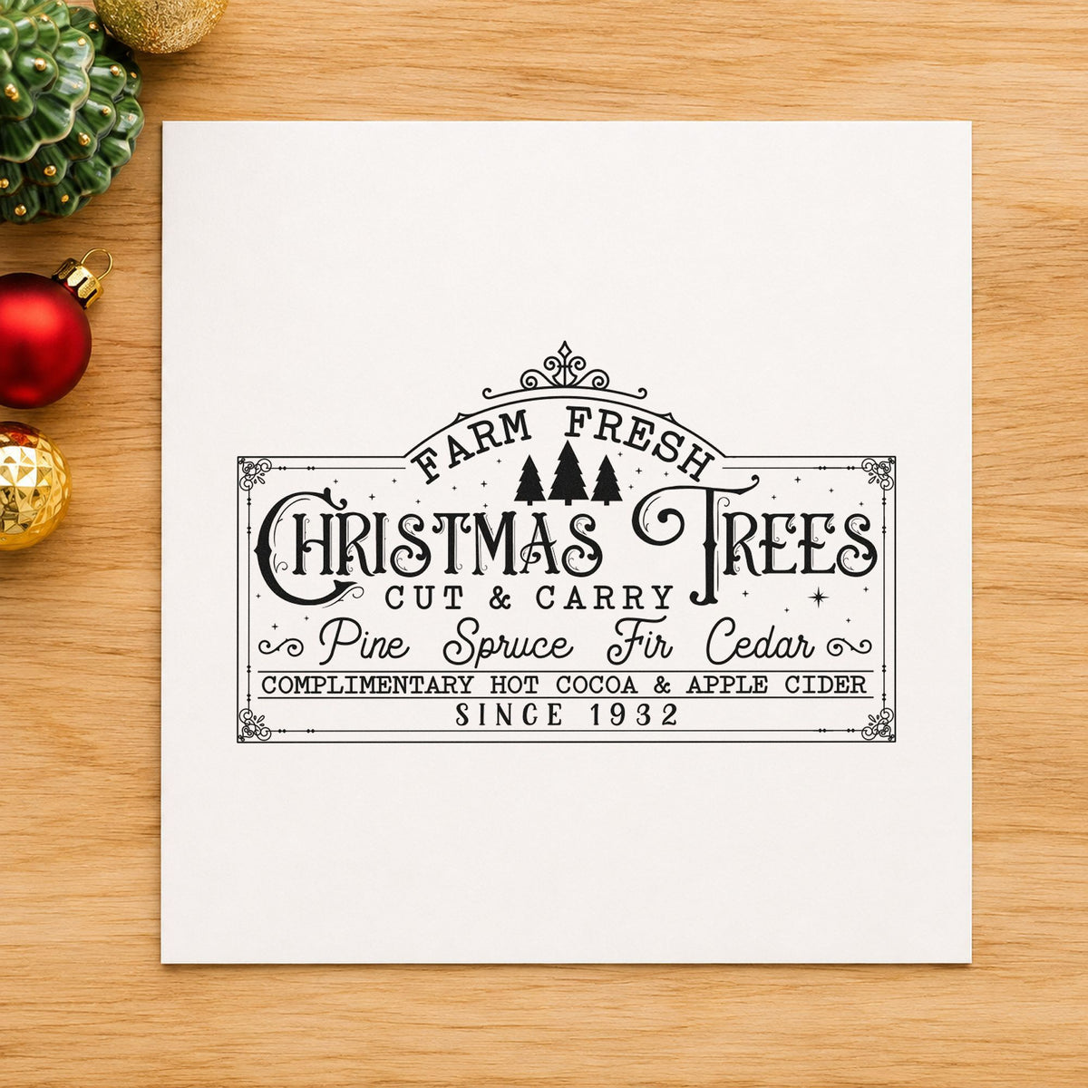 Farm Fresh Christmas Trees Sign rubber stamp printed in black ink, ready for species list cards and similar paper crafts.
