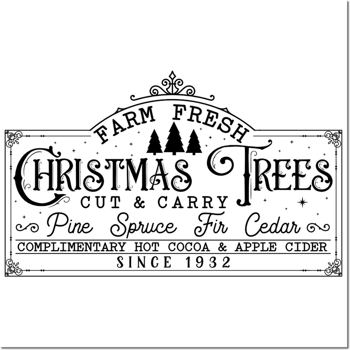 Farm Fresh Christmas Trees rubber stamp design with pine, spruce, fir, and cedar text for rustic holiday market decor.