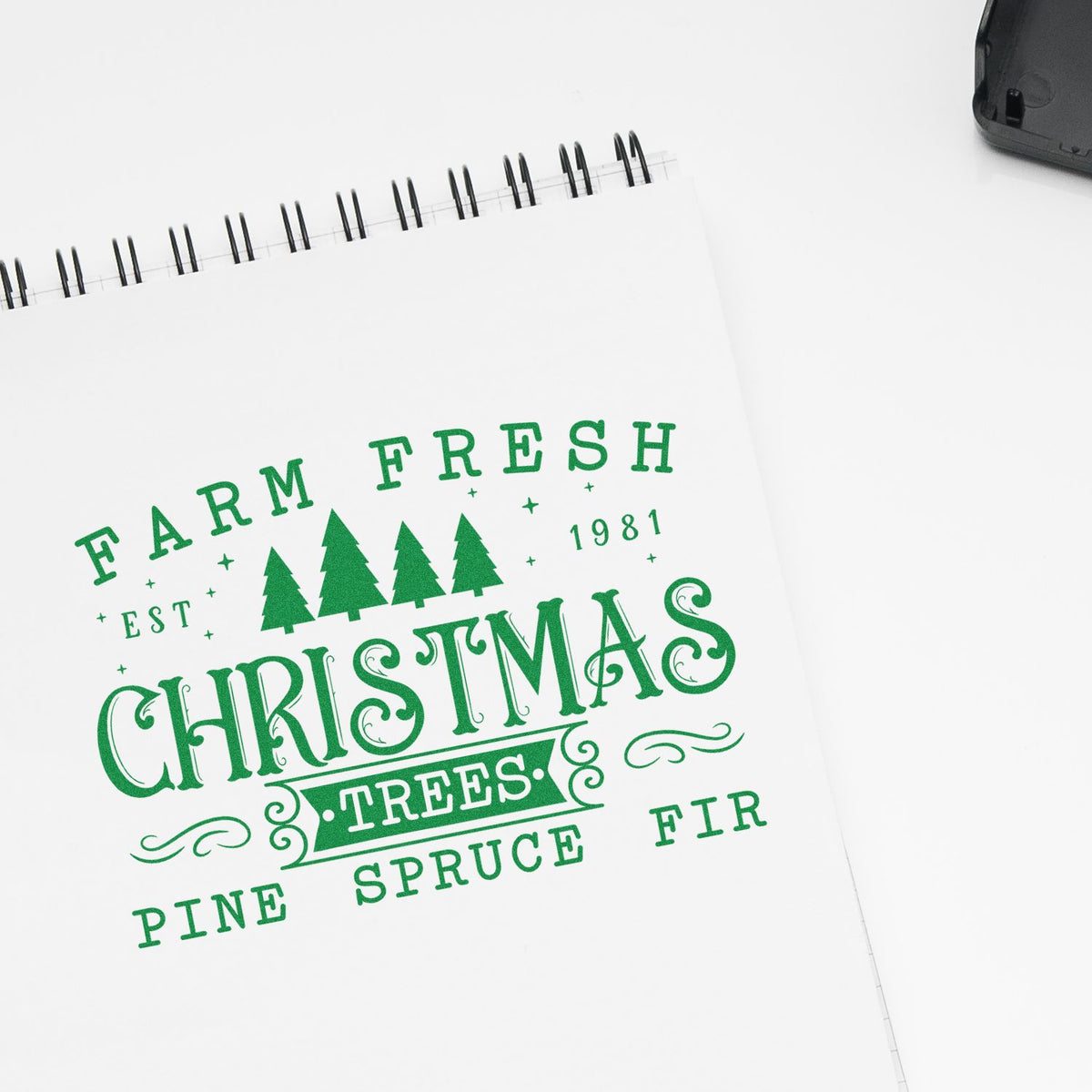 Farm Fresh Christmas Trees rubber stamp design with pine, spruce and fir for holiday packaging and farmhouse decor.