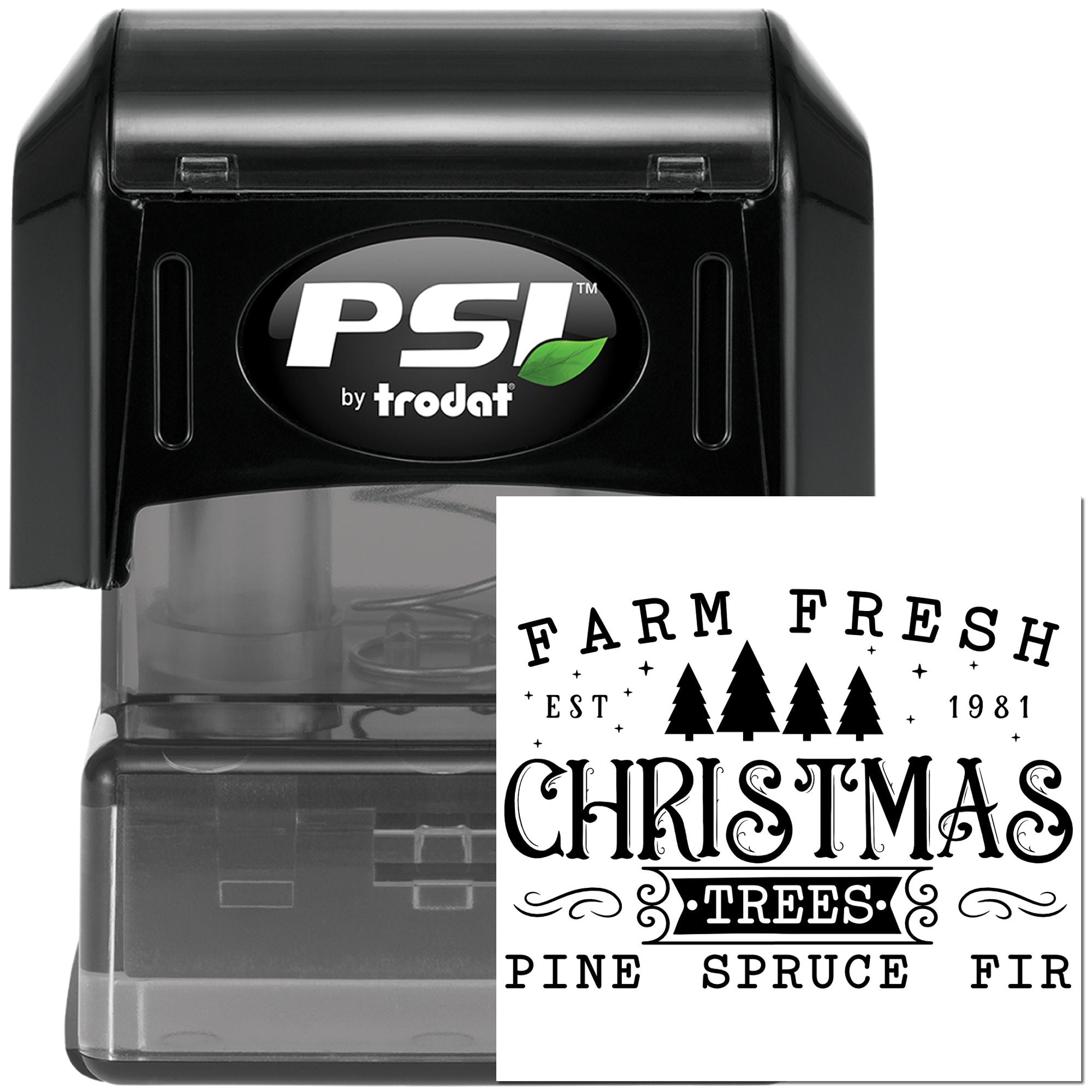 Self-inking rubber stamp with custom Farm Fresh Christmas Trees design for holiday packaging and seasonal branding.