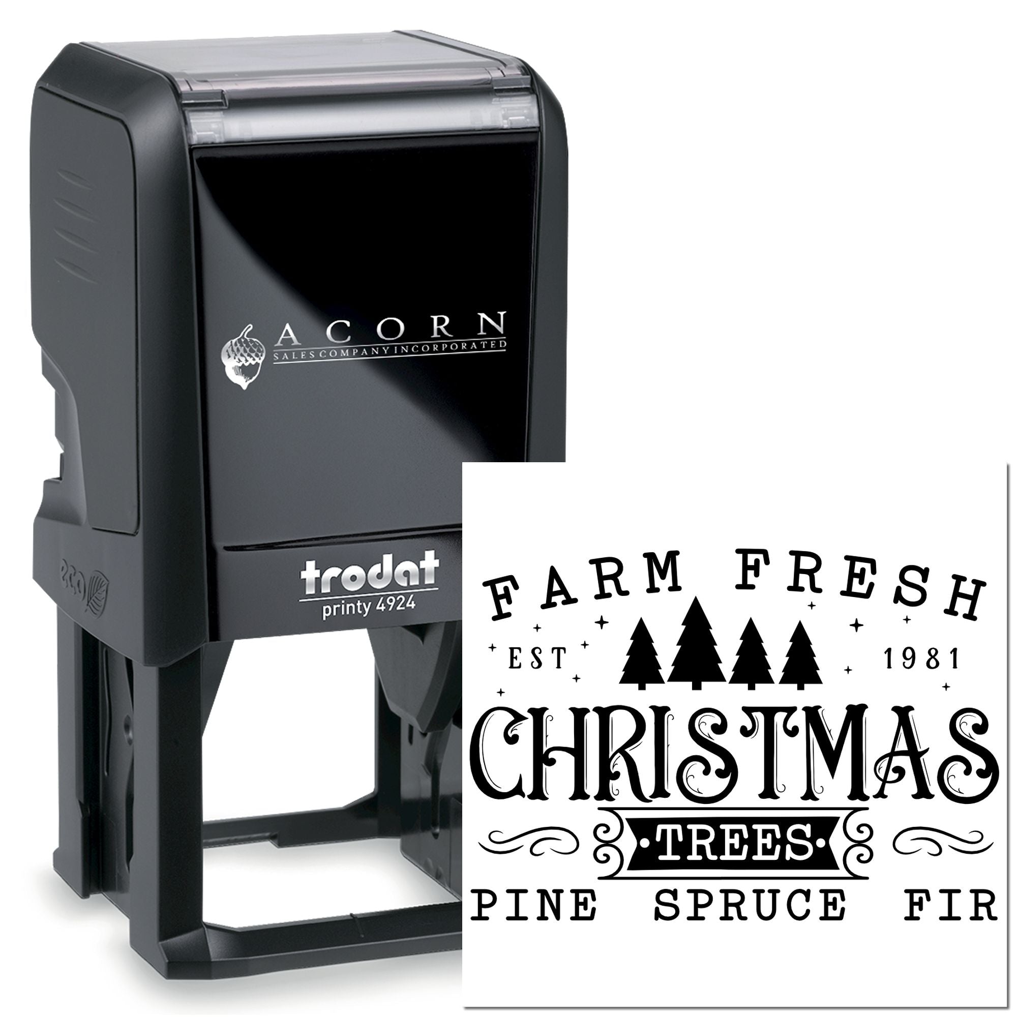 Trodat Printy 4924 self-inking rubber stamp with custom farmhouse Christmas trees design for holiday branding.