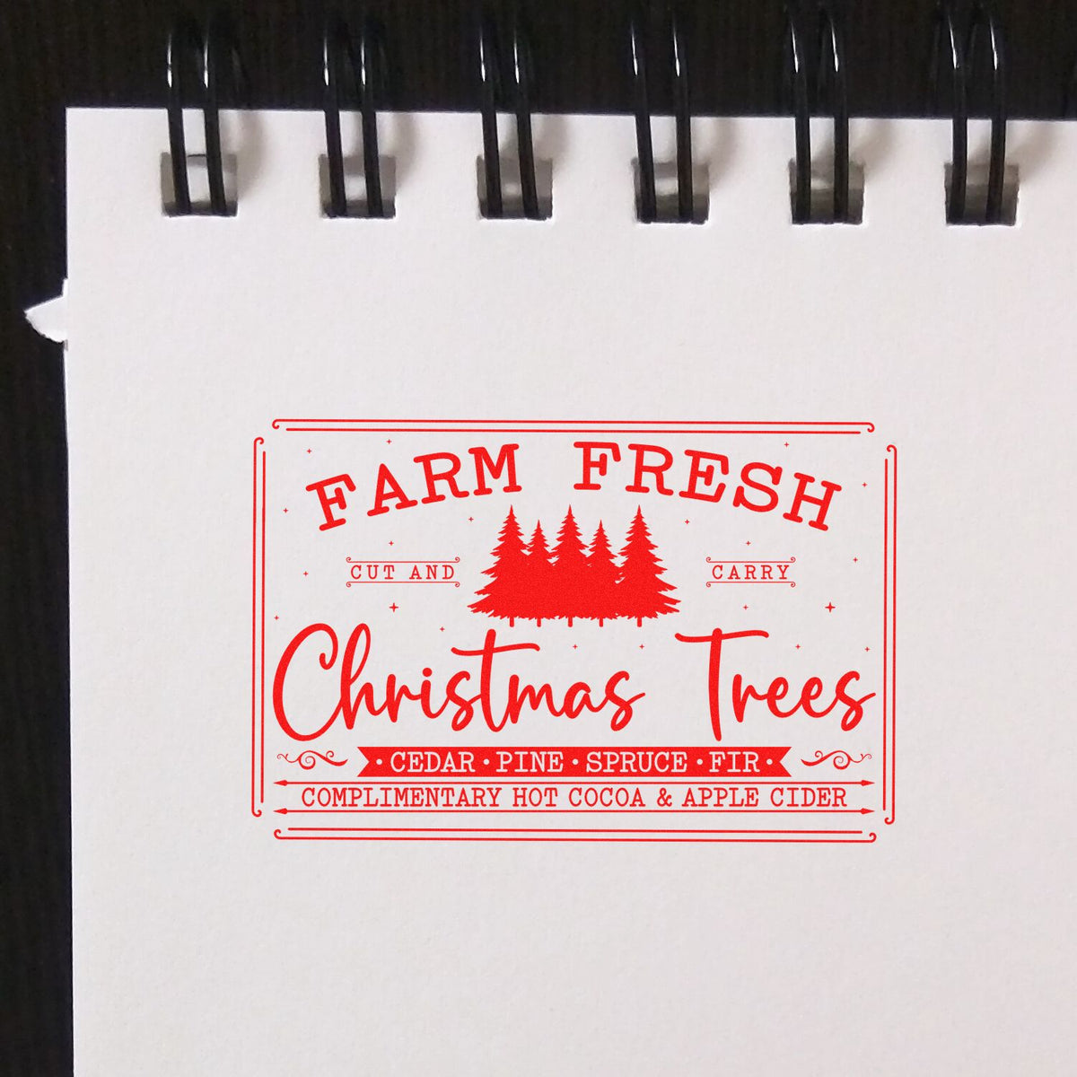 Farm Fresh Christmas Trees rubber stamp imprint on paper, featuring cedar, pine, spruce and fir for holiday packaging.