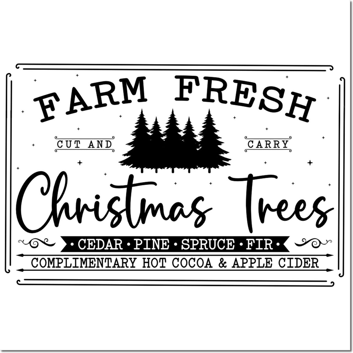 Farm Fresh Christmas Trees rubber stamp design for holiday tree farms, featuring pine silhouettes, cut and carry text, and cocoa offer.