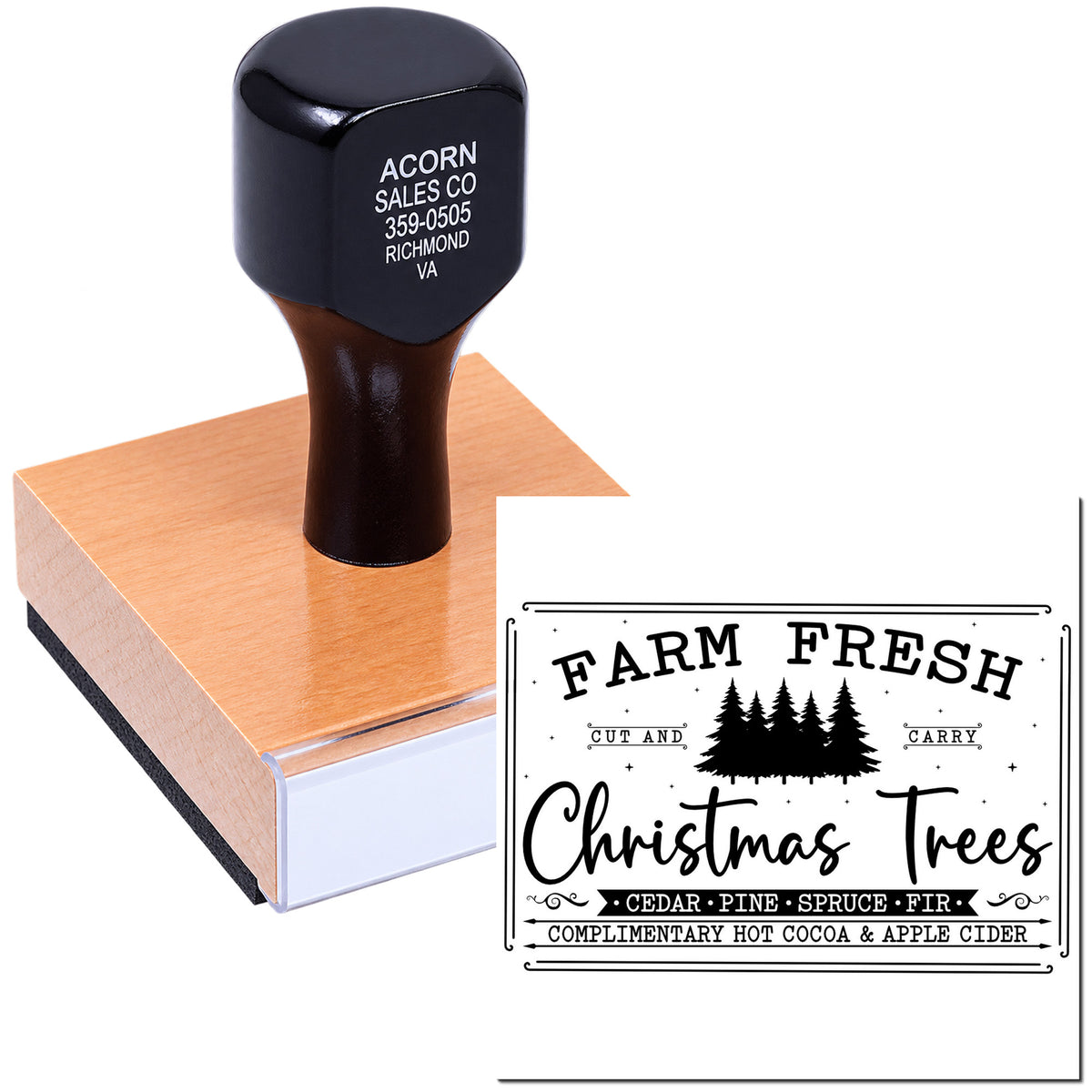 Custom rubber stamp with Farm Fresh Christmas Trees design for holiday tree farm branding and packaging.
