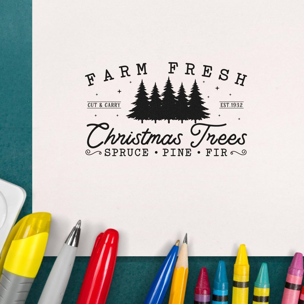 Farm Fresh Christmas Trees rubber stamp design with pine tree graphic, perfect for holiday crafts and rustic Christmas decor.