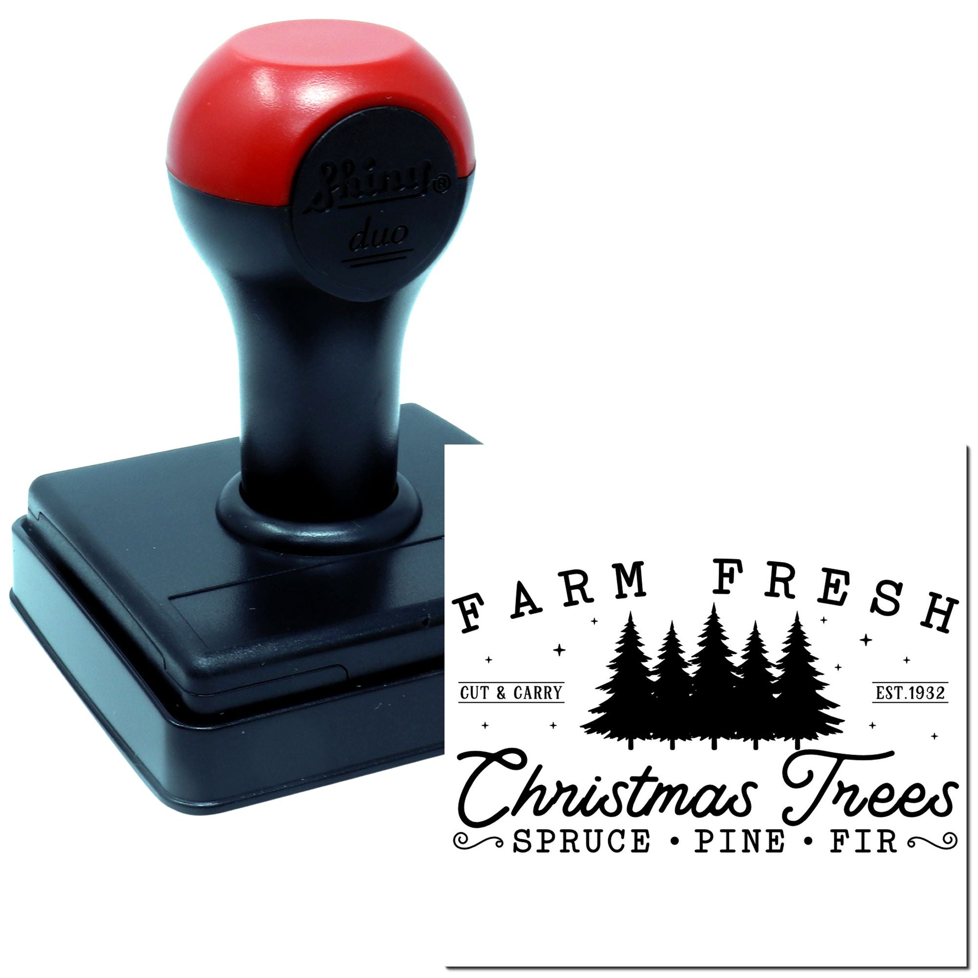 Farm Fresh Christmas Trees rubber stamp with pine tree graphic and vintage holiday lettering for festive packaging.
