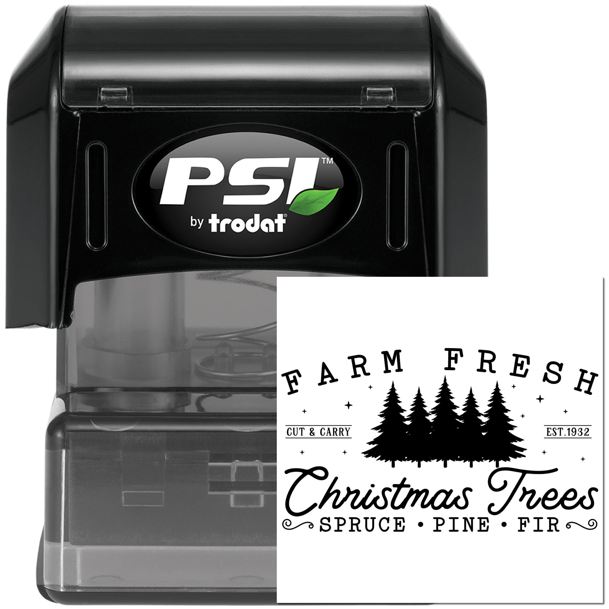 PSI by Trodat self-inking rubber stamp with Farm Fresh Christmas Trees custom design for holiday packaging and crafts