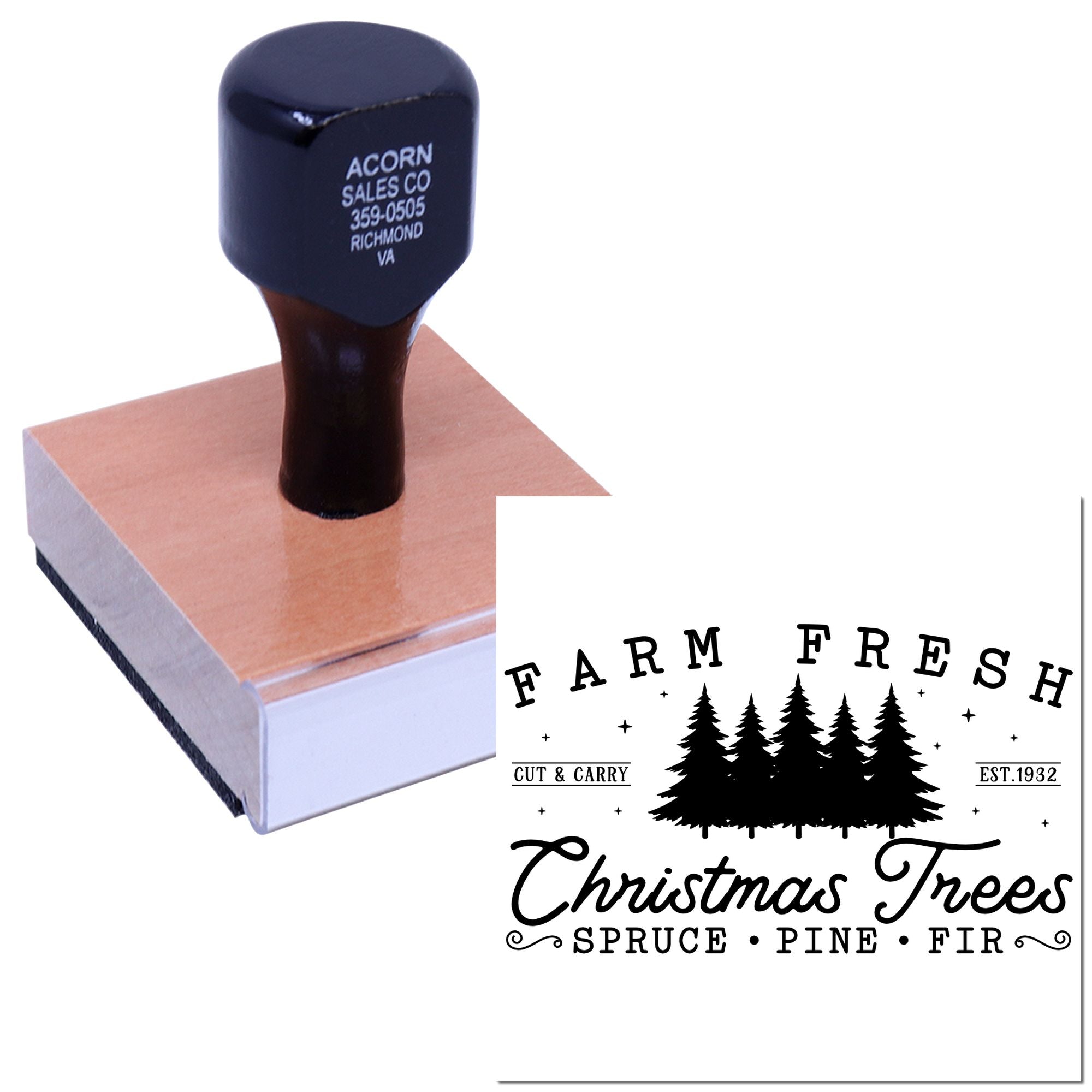 Wooden handle rubber stamp showing Farm Fresh Christmas Trees design for custom holiday packaging and farm branding.