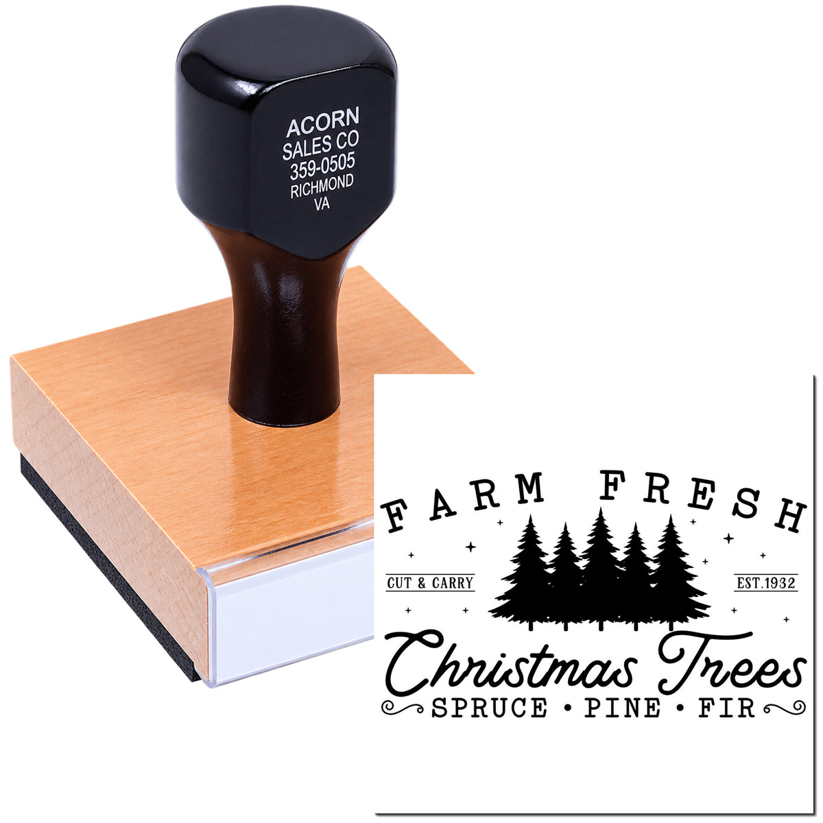 Wooden handle rubber stamp showing Farm Fresh Christmas Trees design for custom holiday packaging and farm branding.