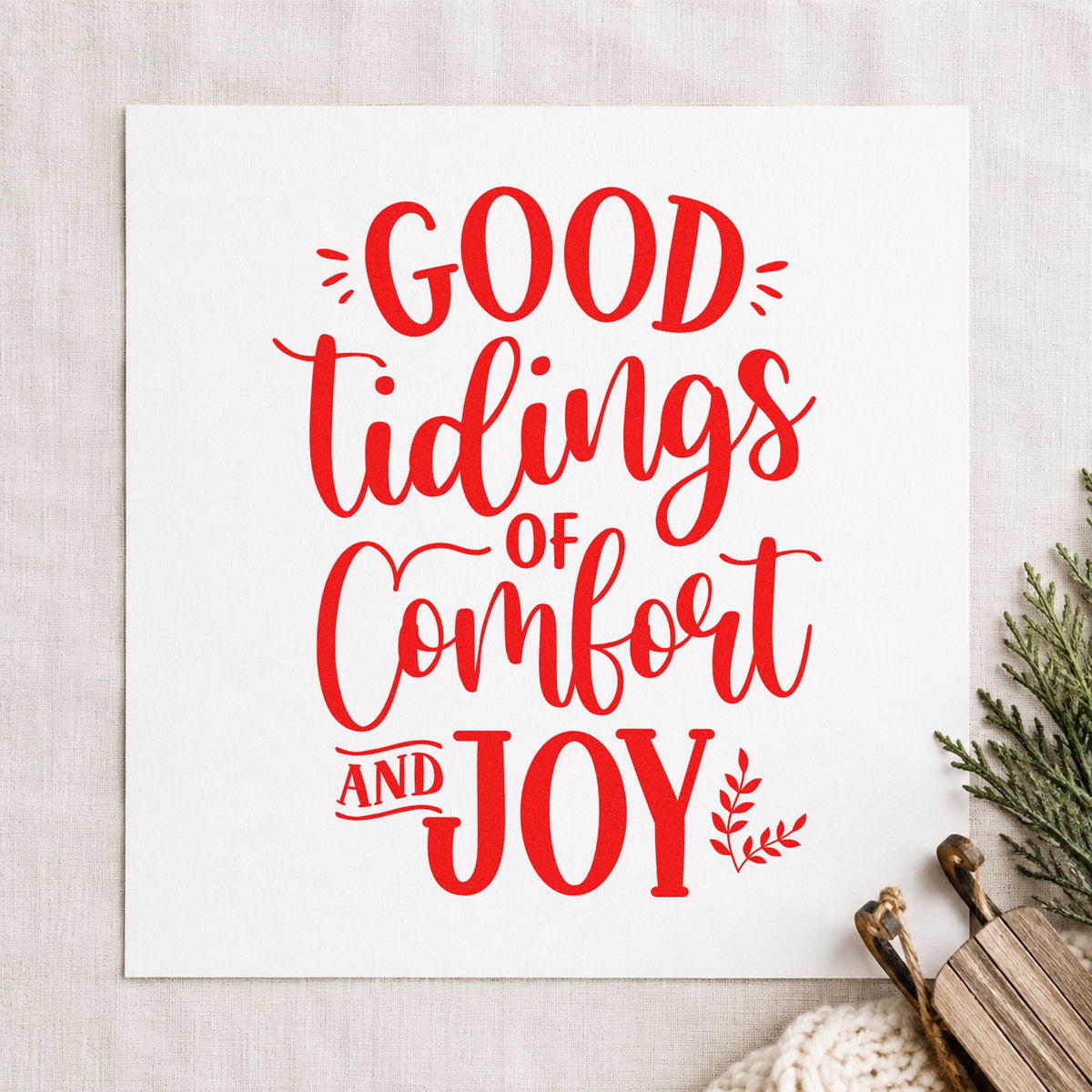 Good Tidings Comfort And Joy rubber stamp shown in red ink, stamped for projects such as freezer meal labels.