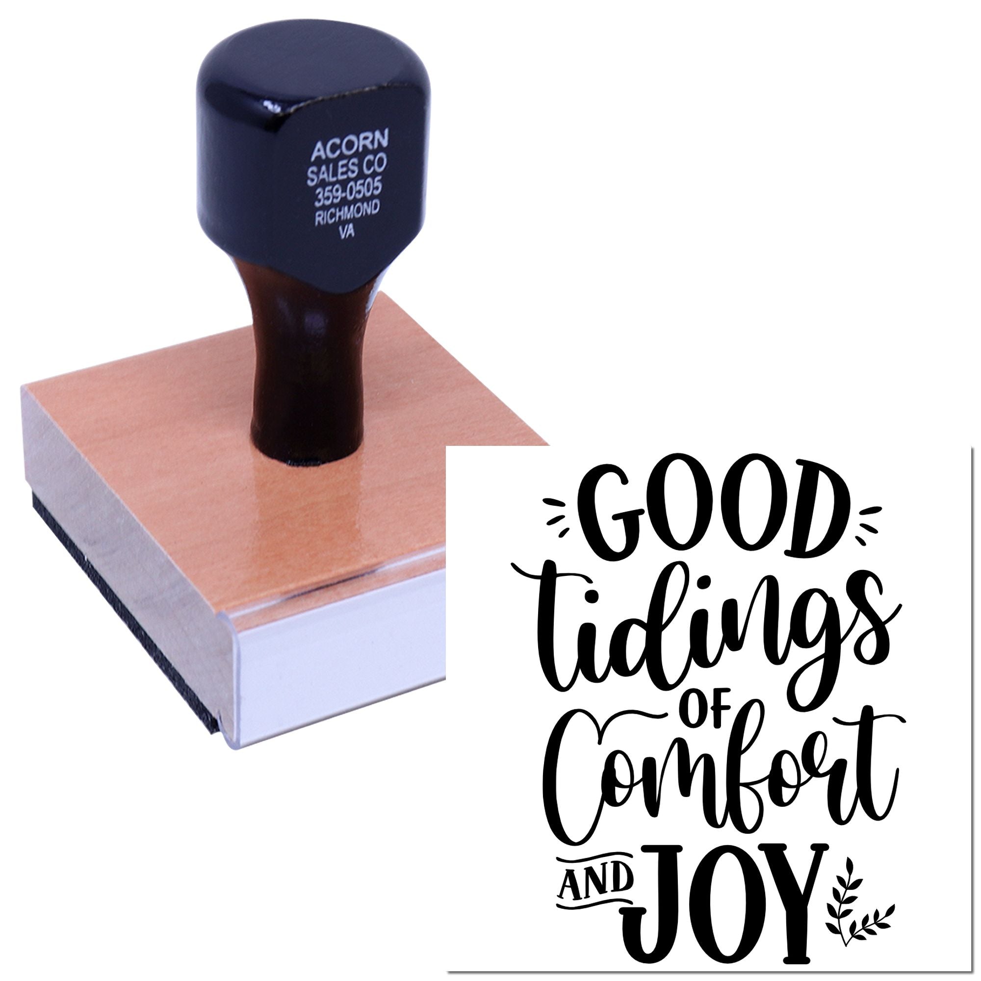 Custom holiday rubber stamp with Good Tidings of Comfort and Joy design for festive cards, crafts, and gift wrapping.