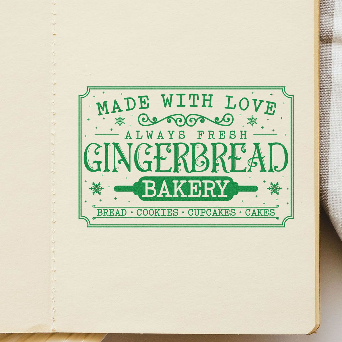 Gingerbread Bakery Vintage Sign rubber stamp shown in green ink, stamped for projects such as menu archive album.