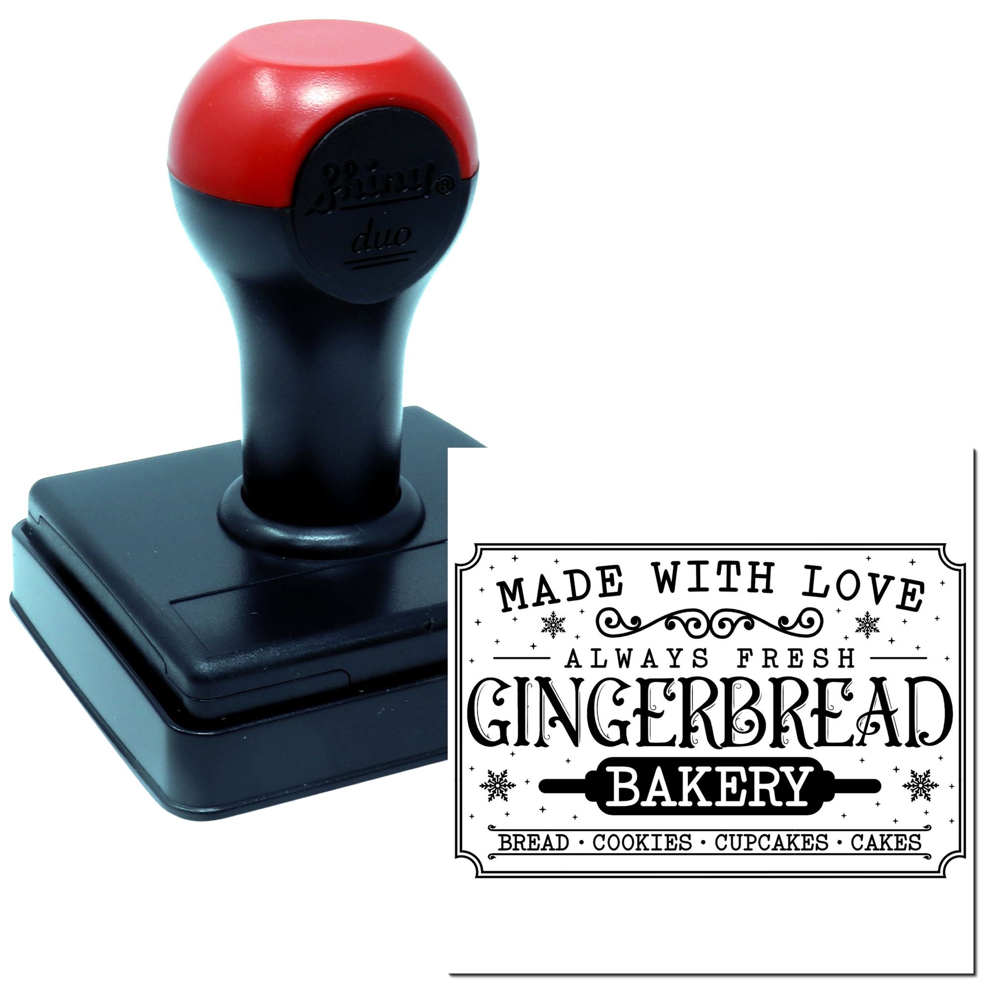 Custom self-inking rubber stamp for Gingerbread Bakery, with Made with Love design for bread, cookies, cupcakes and cakes.