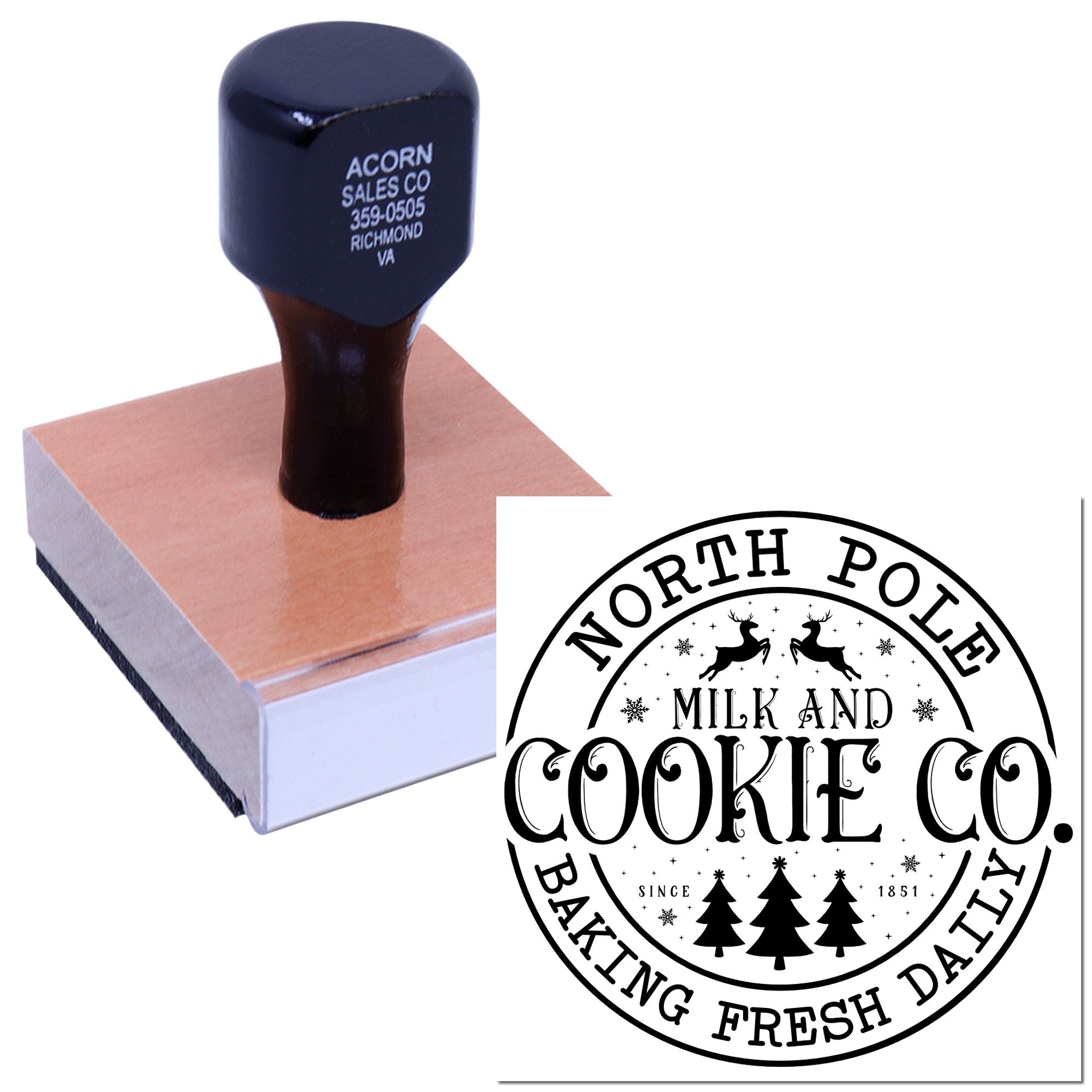Custom holiday rubber stamp for bakery branding, featuring a North Pole Milk and Cookie Co. design.