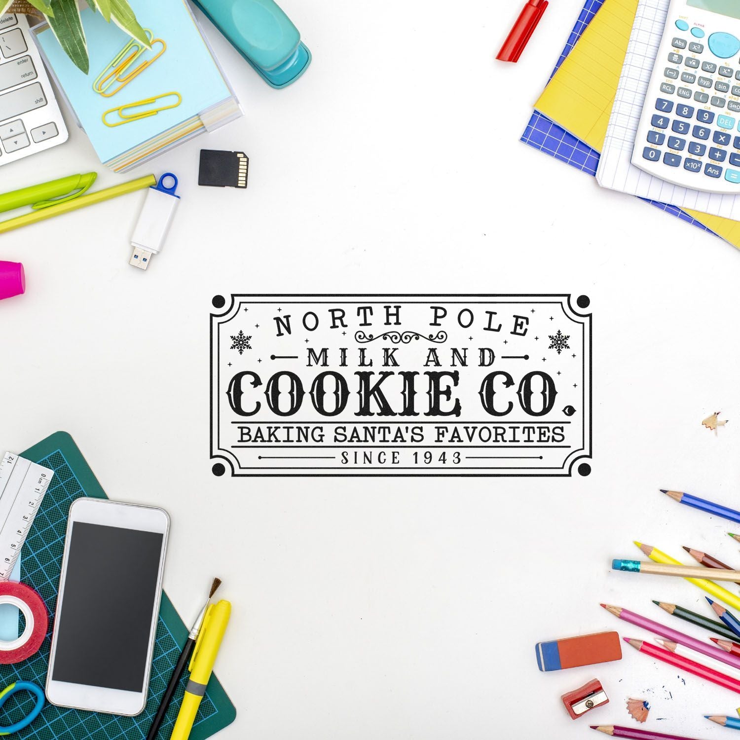 Custom North Pole Milk and Cookie Co. rubber stamp design for holiday baking, featuring Santas Favorites Since 1943.