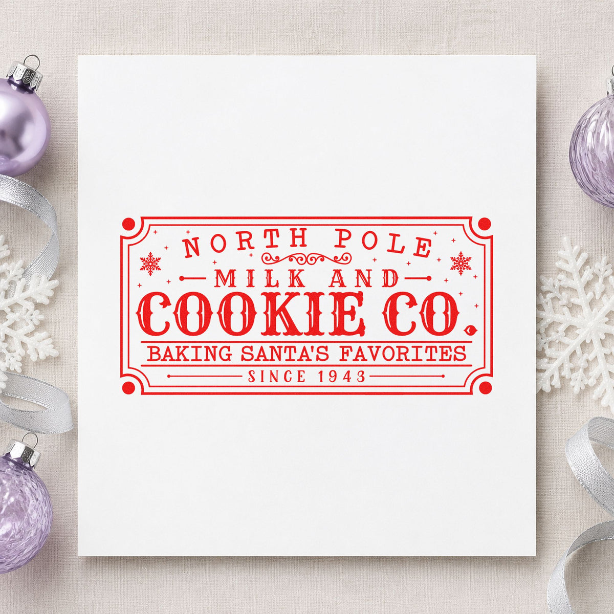 North Pole Santa's Favorites Sign craft stamp in red ink on cardstock, an easy option for sack front printing.
