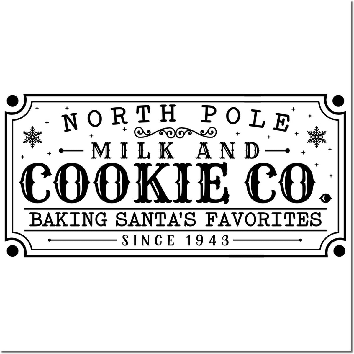 Vintage Christmas rubber stamp design for North Pole Milk and Cookie Co., Baking Santas Favorites Since 1943.