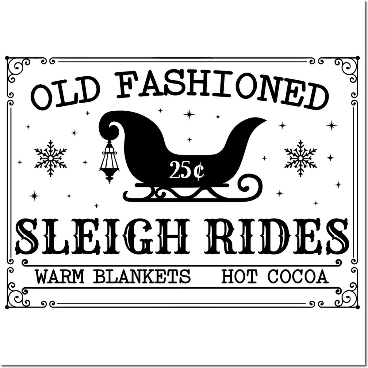 Vintage rubber stamp design for old fashioned sleigh rides, with classic sleigh, snowflakes, and cozy winter holiday theme.