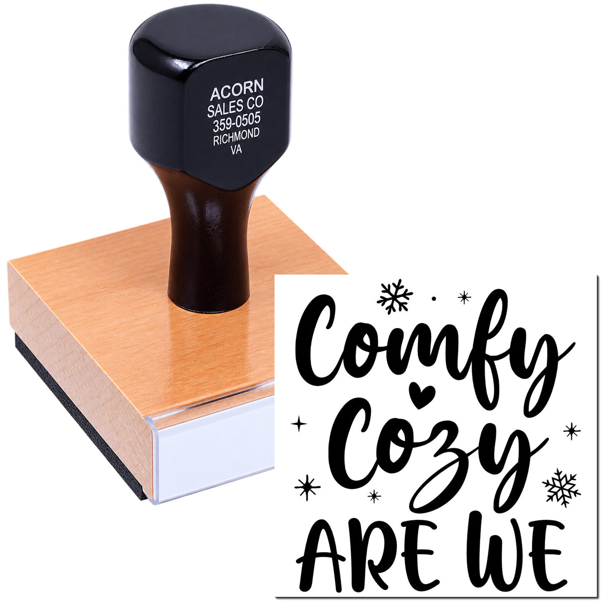 Custom wood handle rubber stamp with Comfy Cozy holiday design and snowflakes for cards, crafts, and packaging.