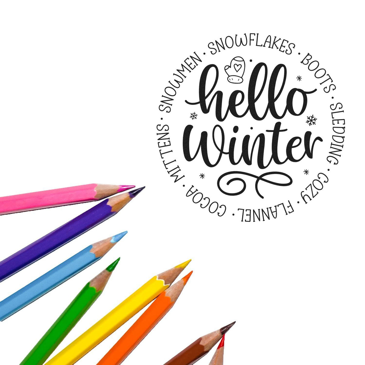 Hello Winter rubber stamp design with snowflakes and seasonal words, perfect for winter crafting, cards, and scrapbook projects.