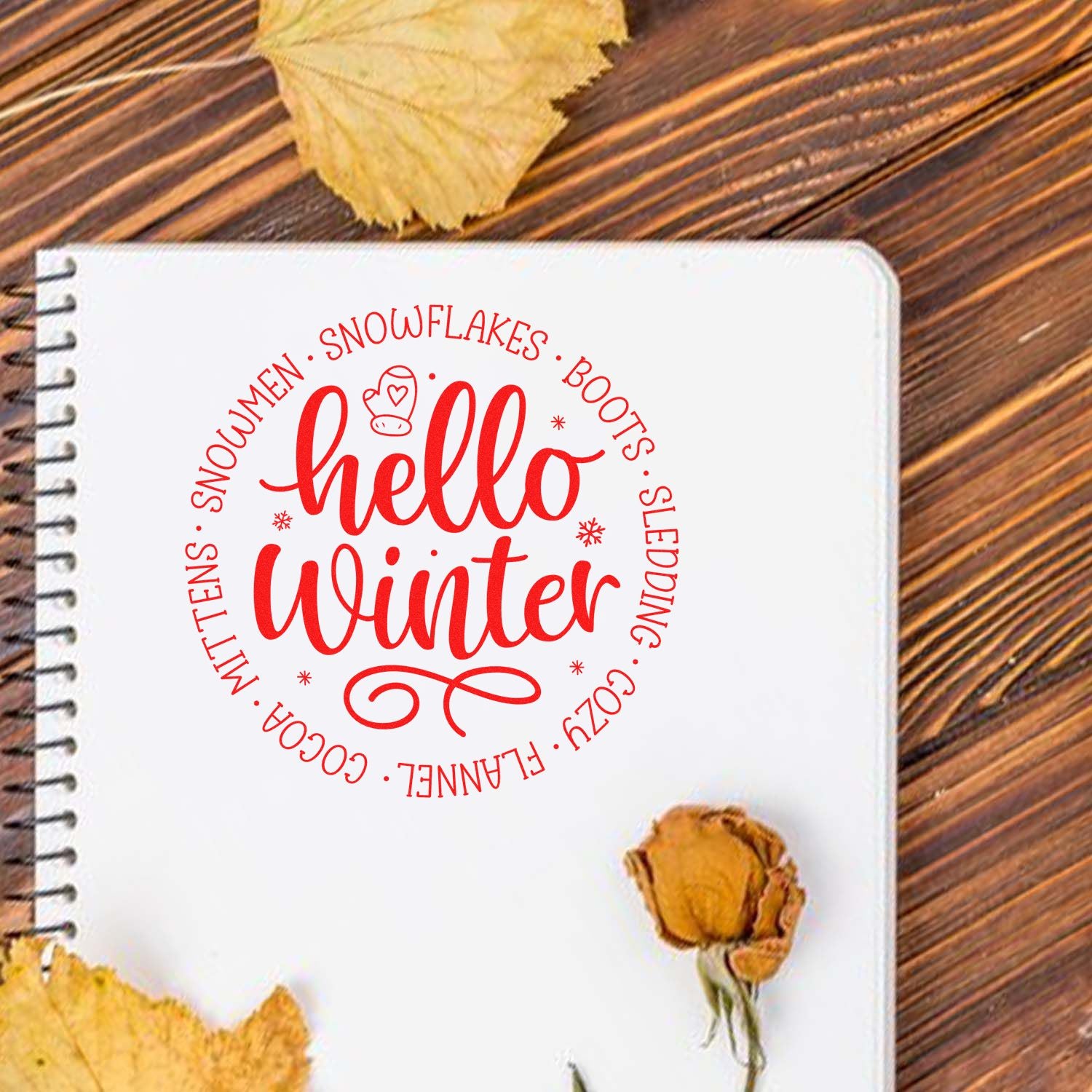 Hello Winter rubber stamp design for handmade cards, scrapbooking, and seasonal winter craft projects.
