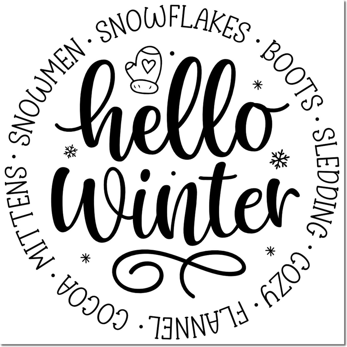 Hello Winter rubber stamp with hand-lettered seasonal words, snowflakes, mittens, boots, cocoa, and sledding theme.