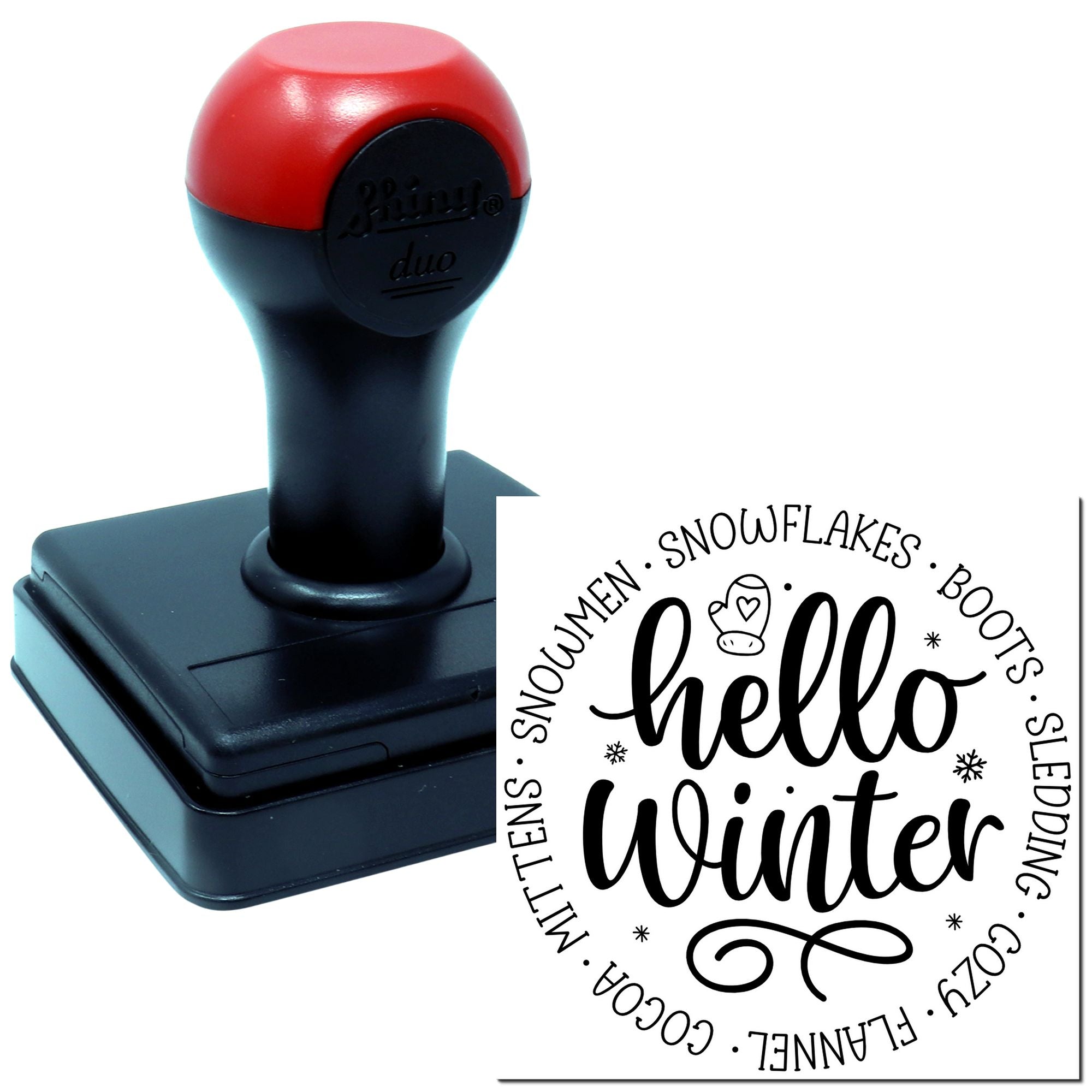 Self-inking custom winter rubber stamp with hello winter design for seasonal cards, crafts, and scrapbooking.