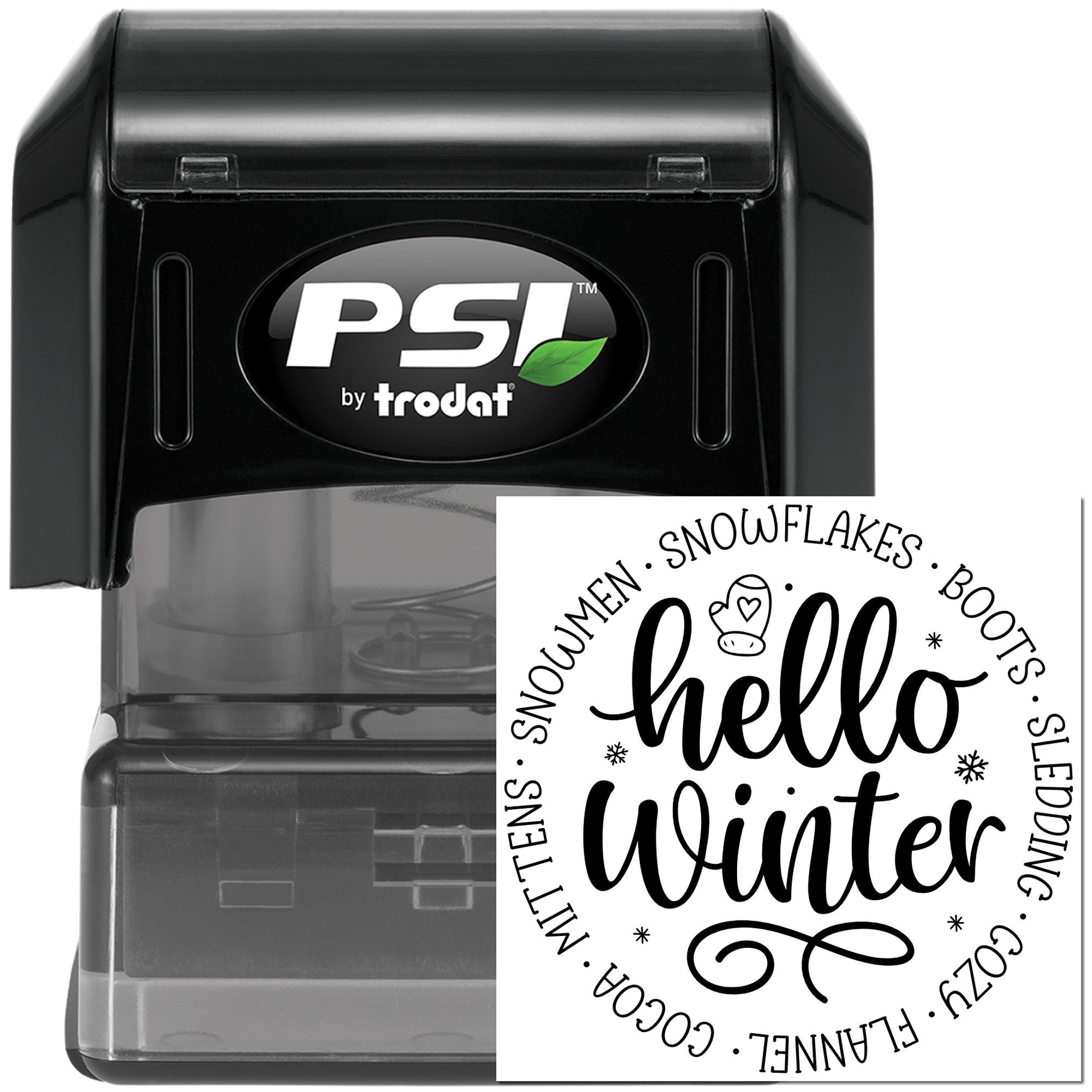 PSI by Trodat self-inking rubber stamp with Hello Winter holiday design for seasonal crafting and greeting cards.