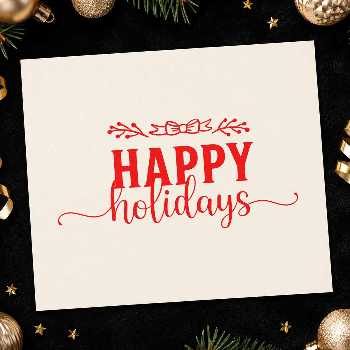 Happy Holidays Leafy Flourish craft stamp in red ink on cardstock, an easy option for runner both ends ink.