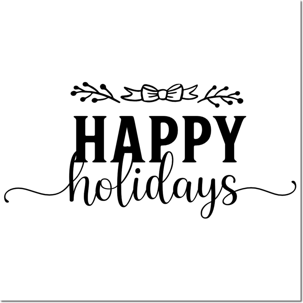 Happy Holidays rubber stamp design with bow and floral accents for festive cards and packaging