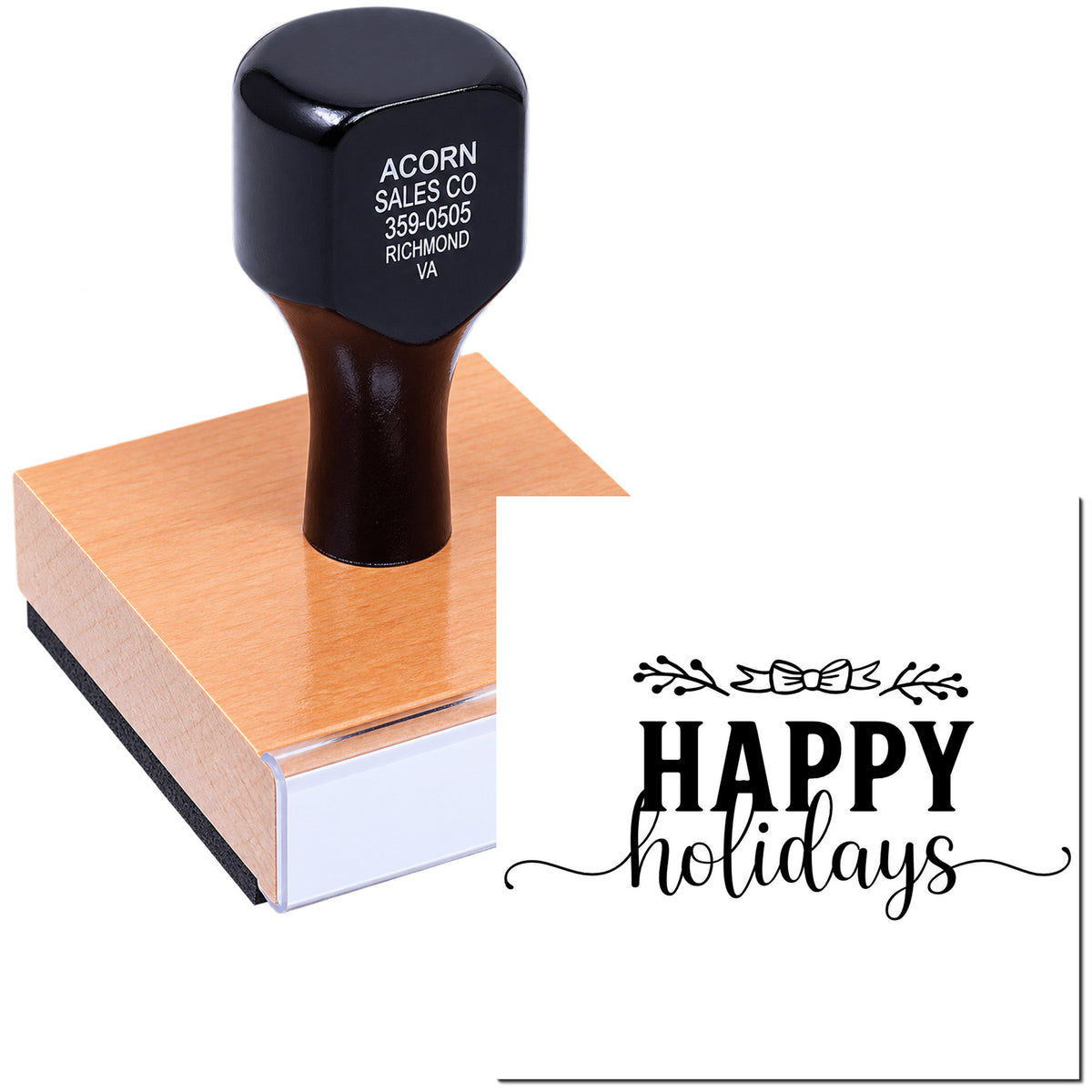 Happy Holidays custom rubber stamp for greeting cards, gift tags, and festive holiday packaging.
