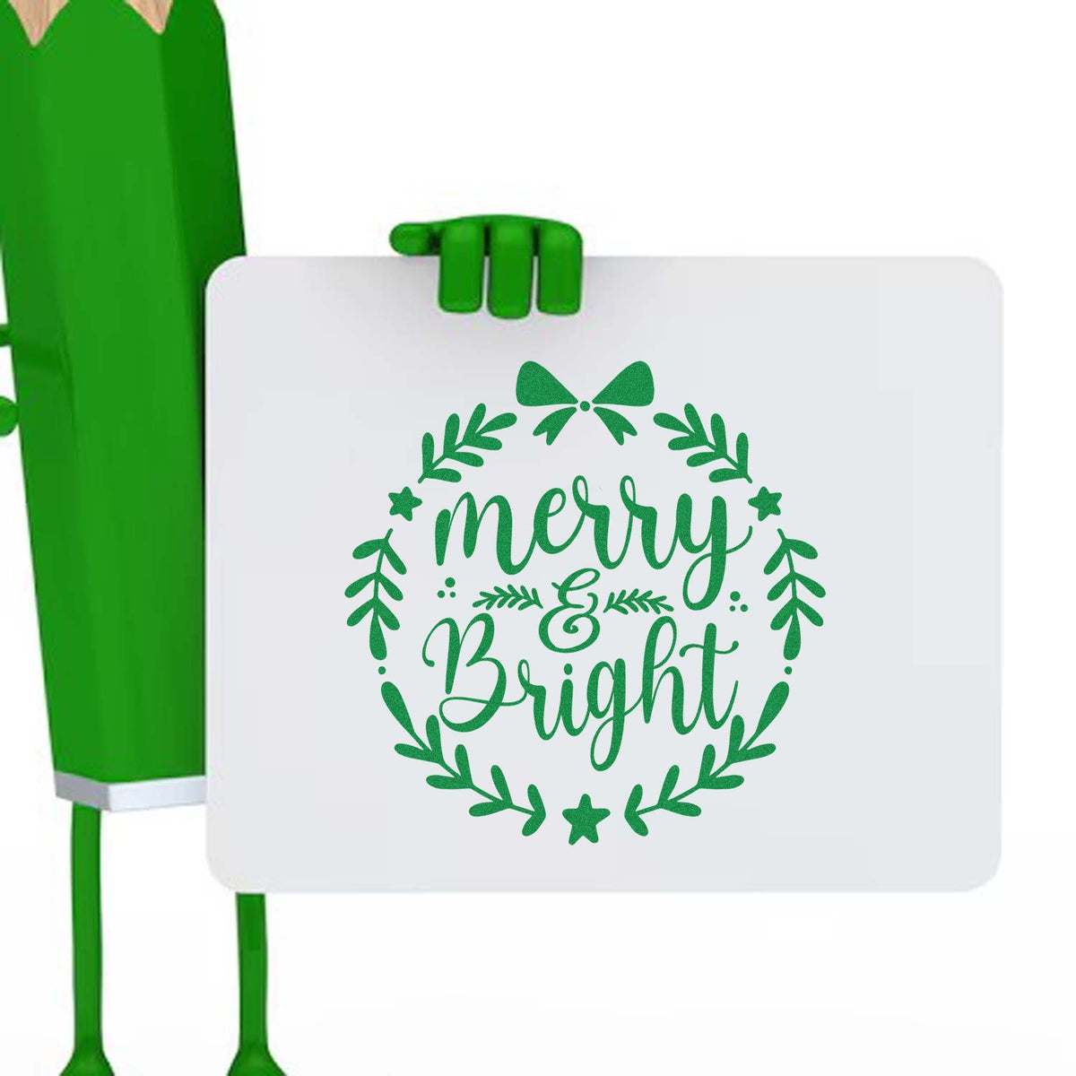 Merry & Bright Christmas rubber stamp design with festive wreath and bow in green on a white background.