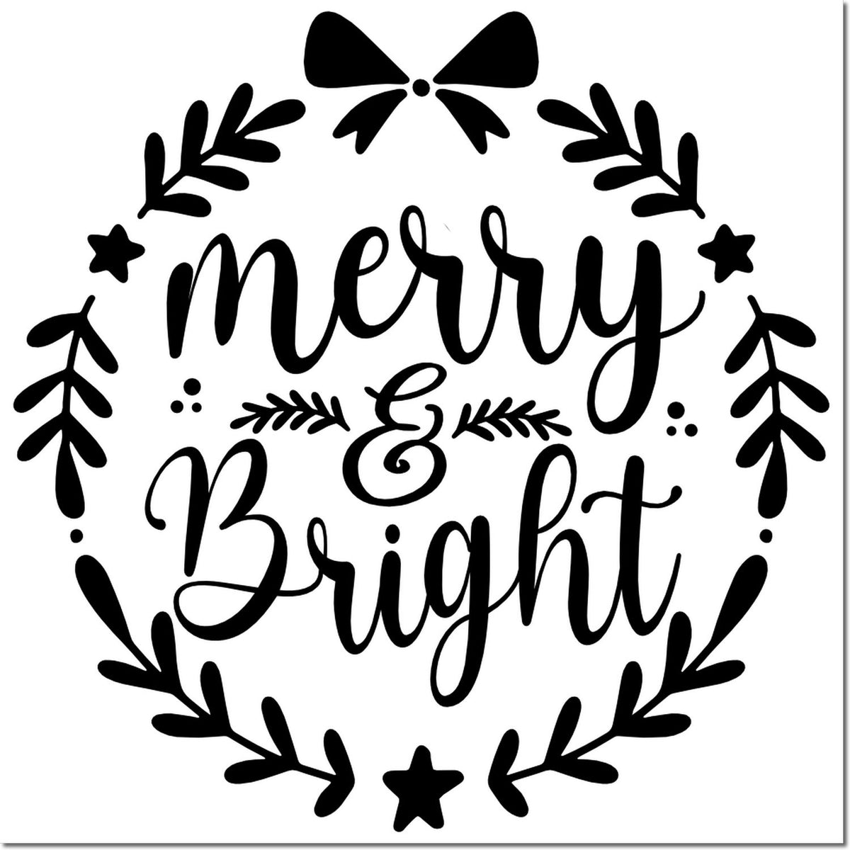 Merry & Bright Christmas rubber stamp with decorative wreath and bow, perfect for holiday cards, crafts, and festive scrapbooking.