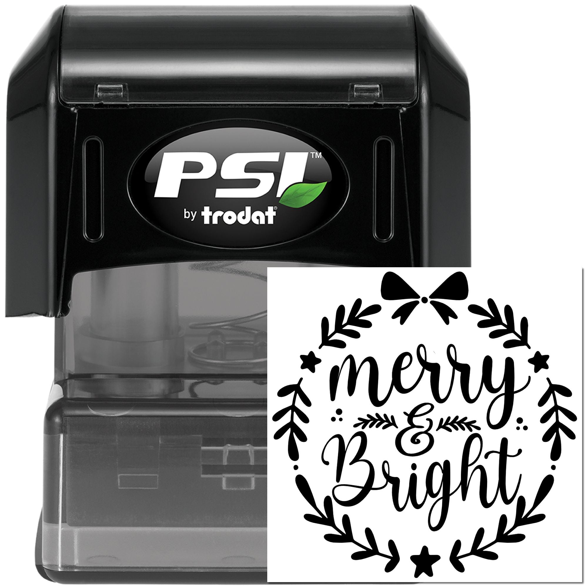 PSI by Trodat self-inking rubber stamp featuring Merry & Bright holiday wreath design