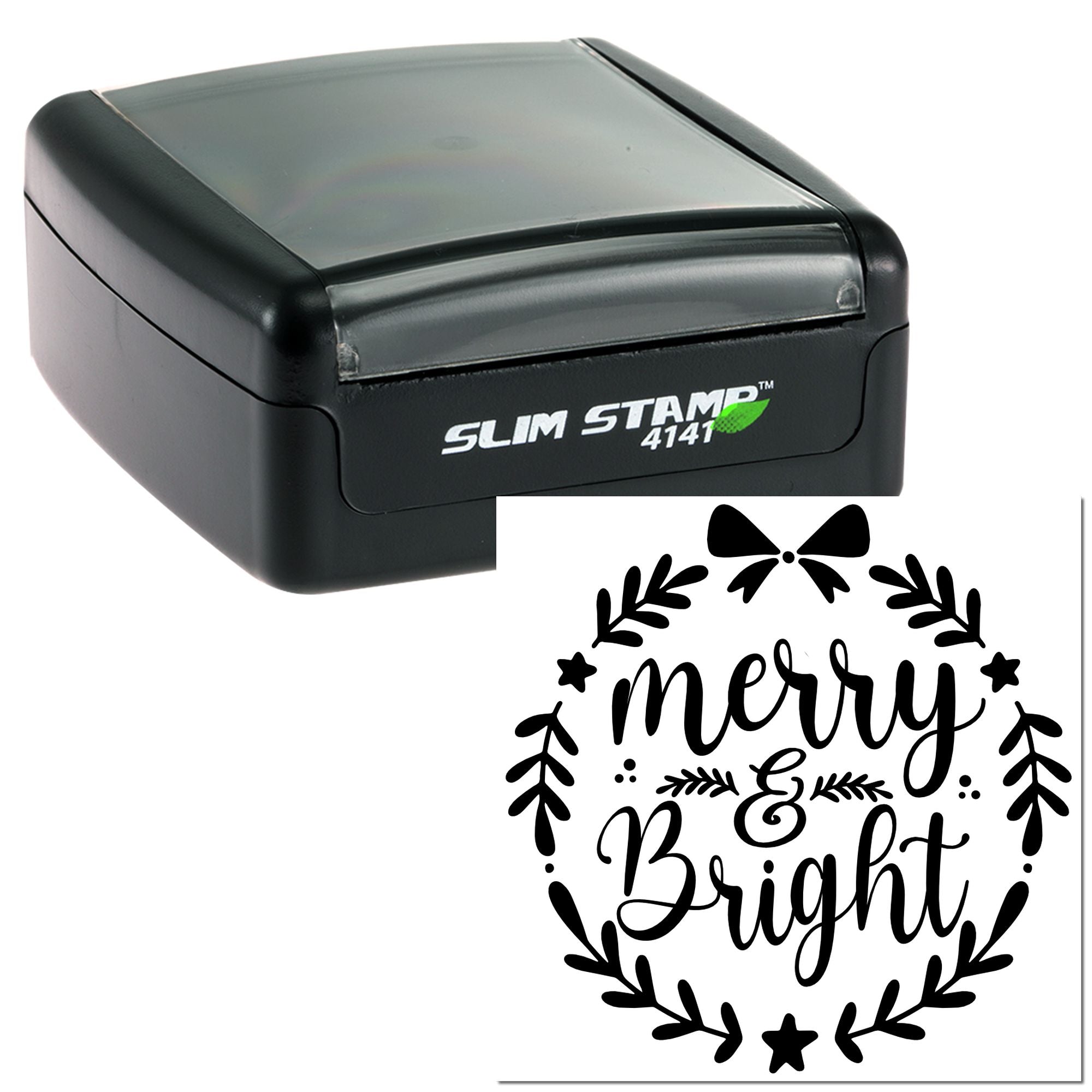 Slim self-inking rubber stamp with Merry & Bright holiday wreath design for Christmas cards, gift tags, and packaging.