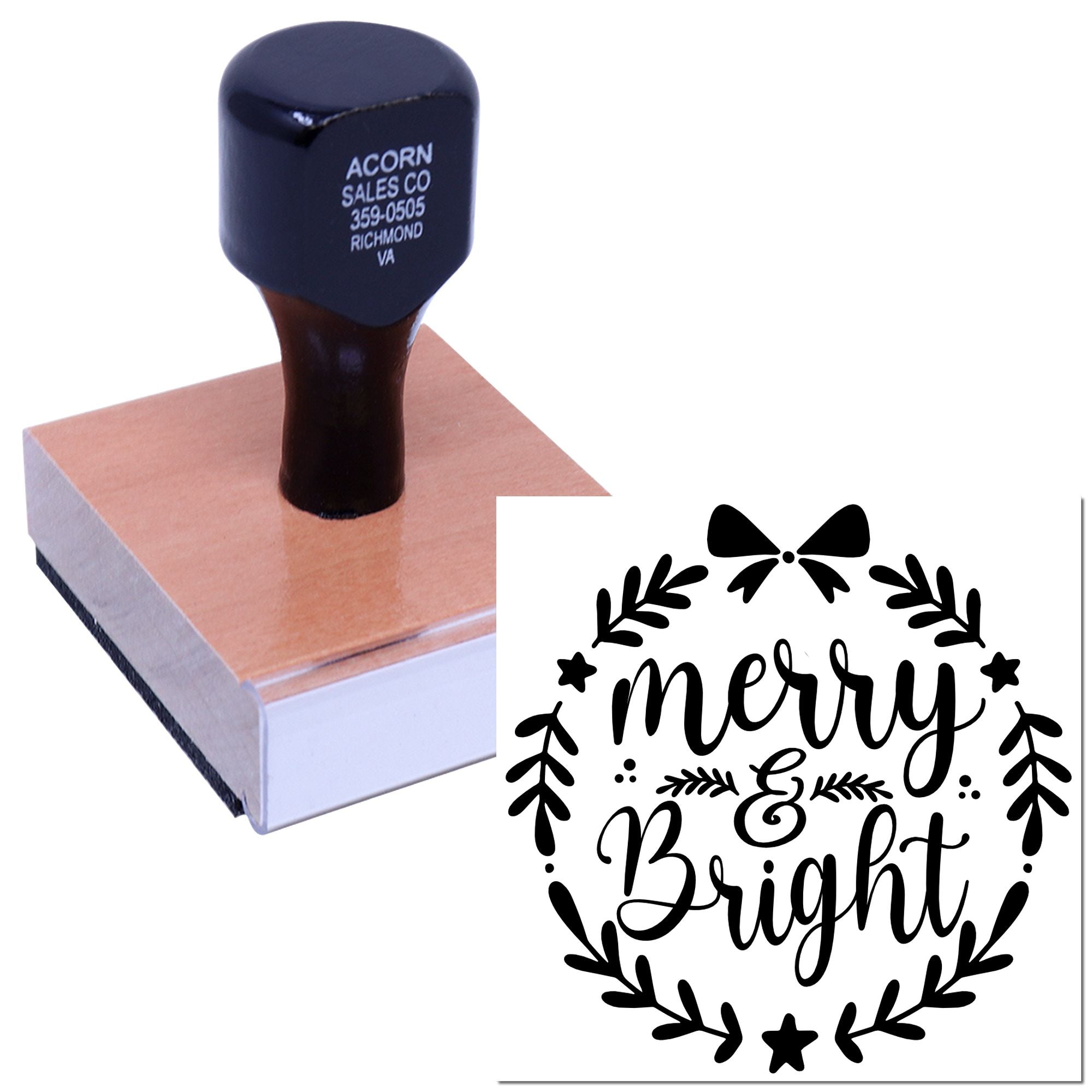 Custom wooden rubber stamp with Merry & Bright holiday design for cards and crafts