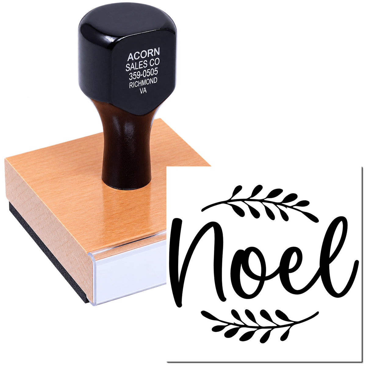 Custom Noel rubber stamp with decorative holiday wreath design for Christmas cards, gift tags, and seasonal crafts.