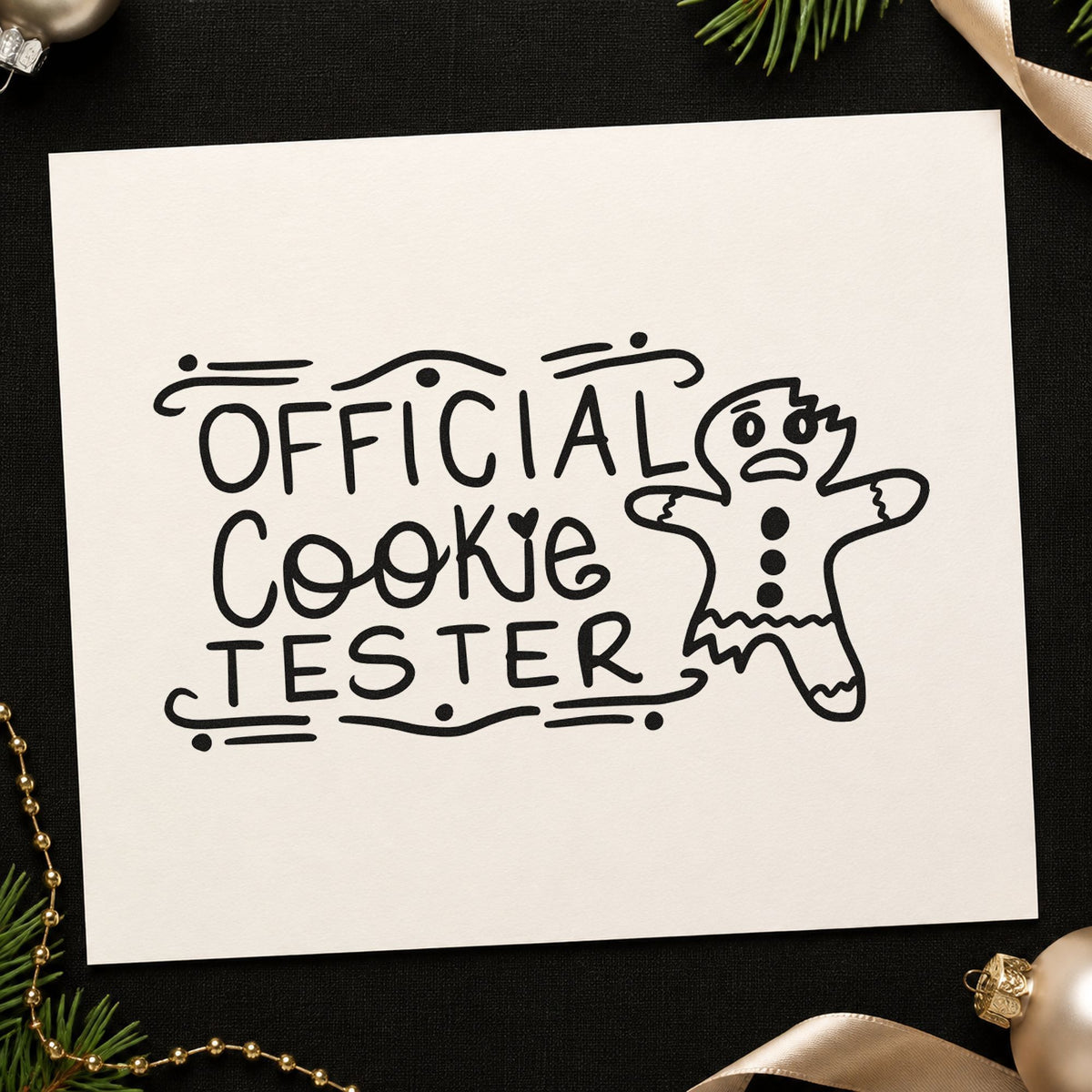Official Cookie Tester Gingerbread rubber stamp printed in black ink, ready for ruled line cards and similar paper crafts.