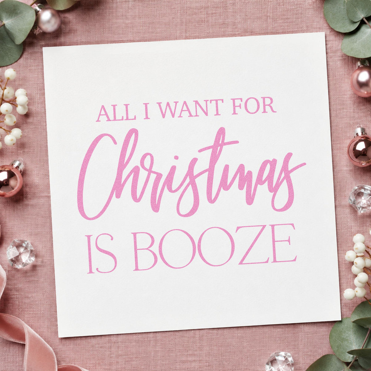 All I Want Christmas Booze craft stamp in purple ink on cardstock, an easy option for bar cart album page.