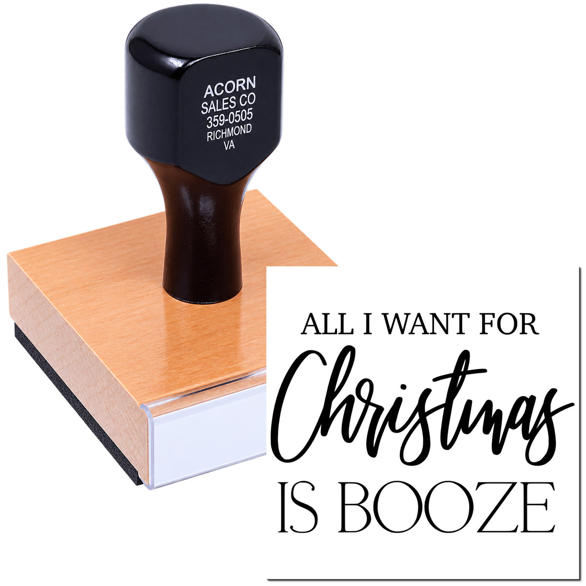 Christmas-themed rubber stamp with All I Want for Christmas Is Booze holiday sentiment for craft and card making.