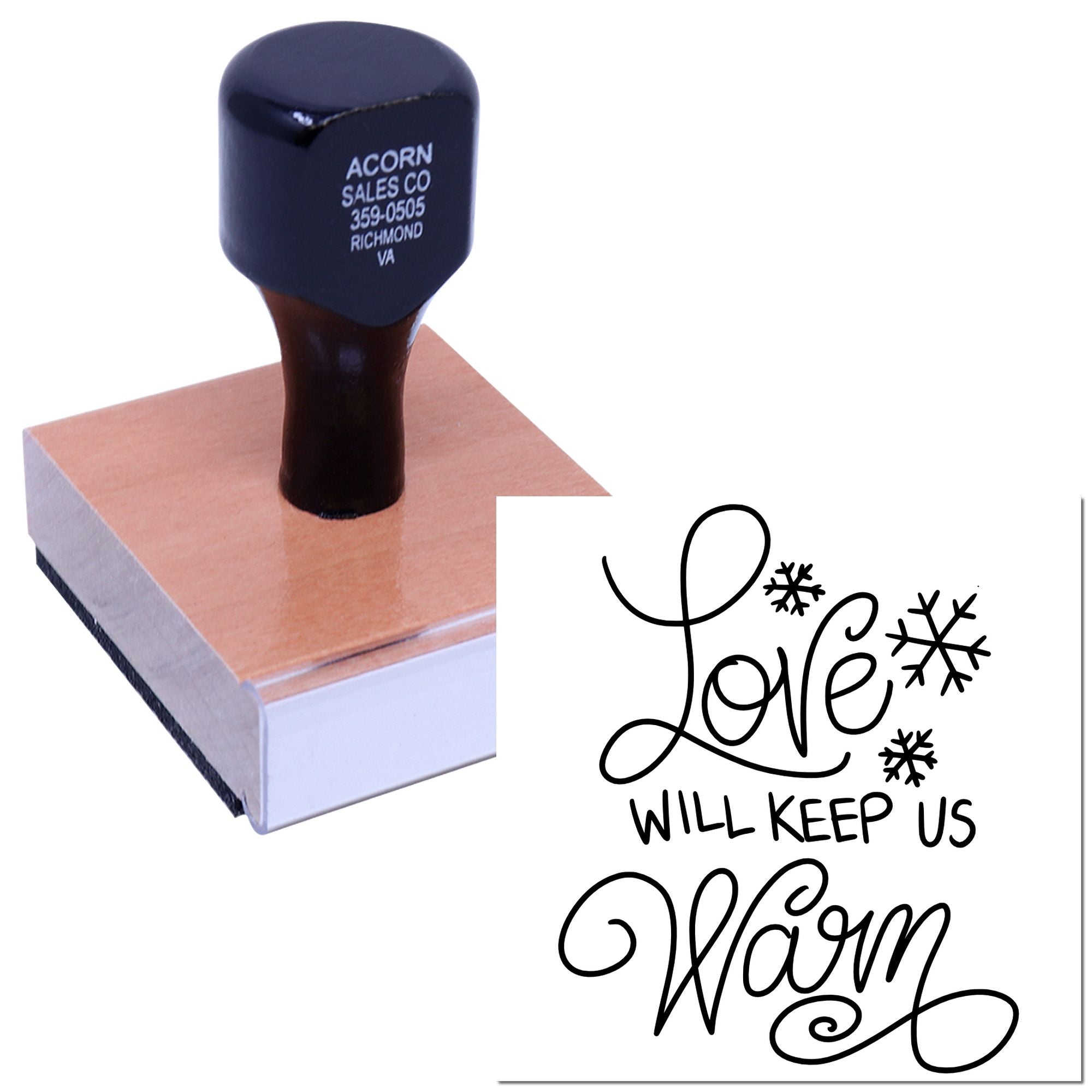 Rubber stamp with Love Will Keep Us Warm holiday sentiment and snowflake design for winter cards and craft projects