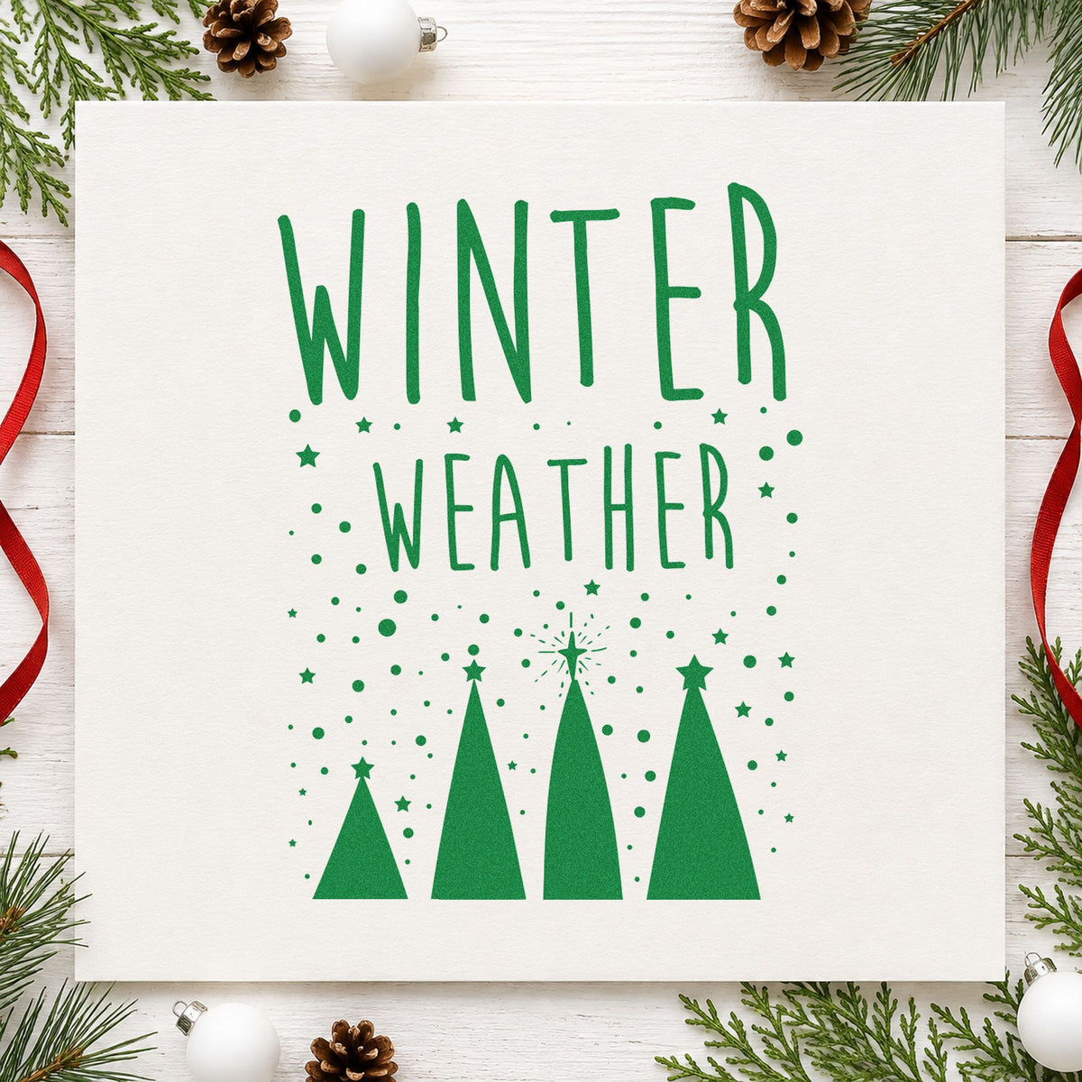 Winter Weather Four Trees craft stamp imprinted in green ink on paper, a design suited to framed modern mat.