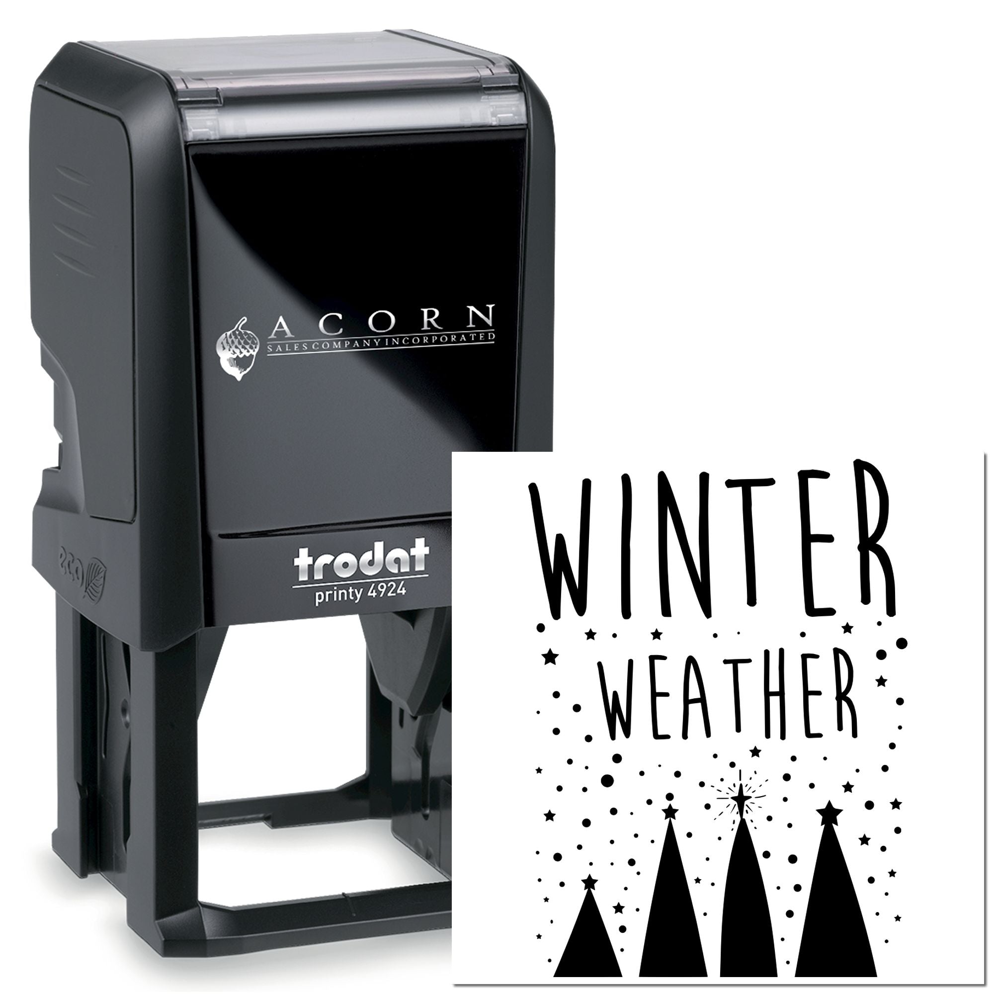 Trodat self-inking rubber stamp with winter weather design for seasonal cards, crafts, and business stationery.