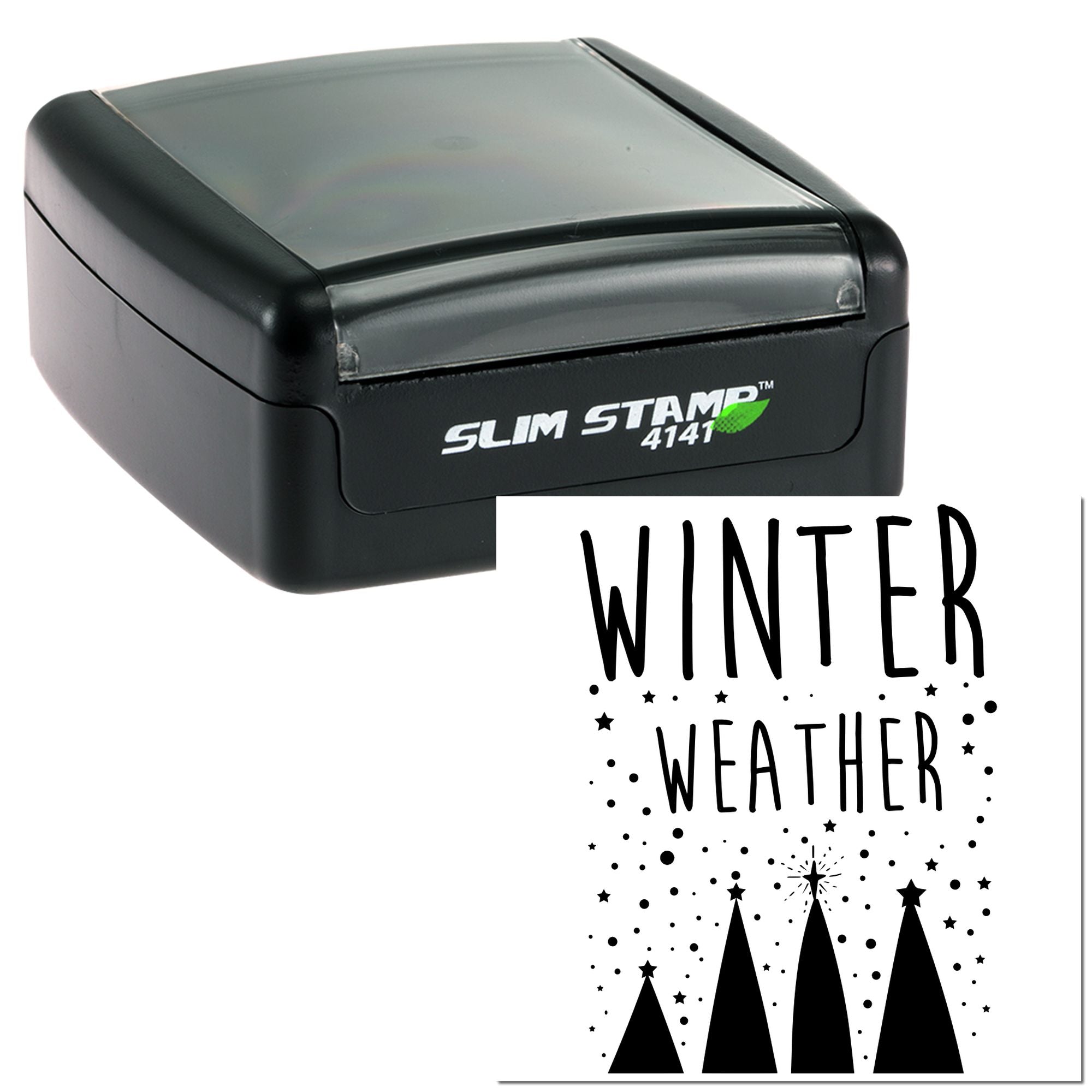 Winter Weather self-inking rubber stamp for seasonal cards, labels, and crafts, with bold winter trees and star design.
