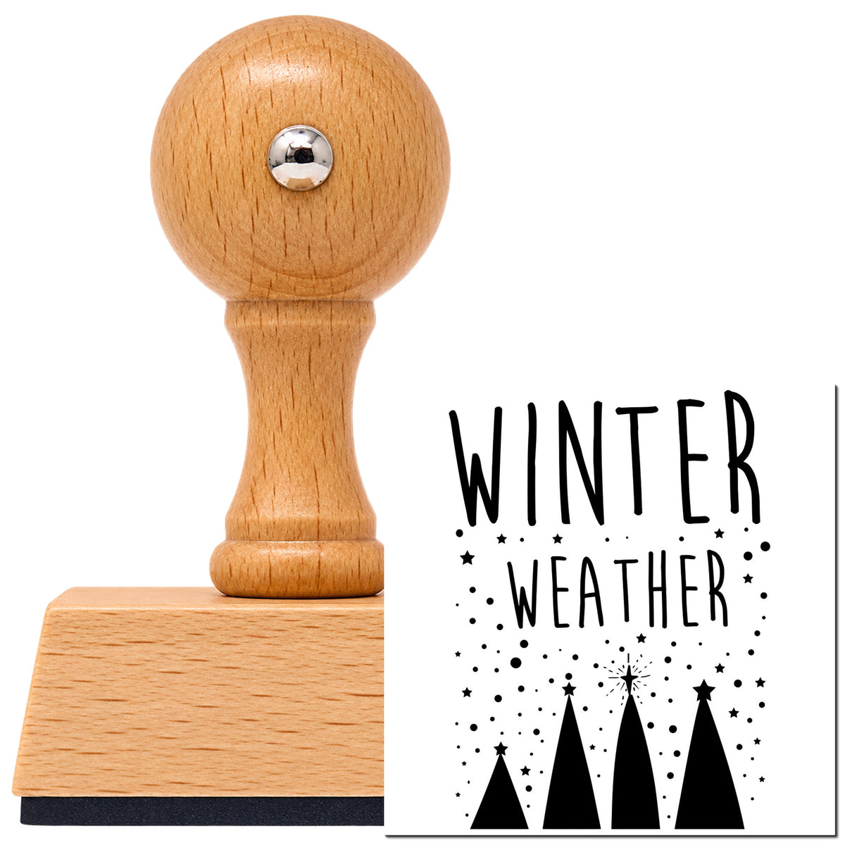 Winter Weather Four Trees Vintage Pro rubber stamp in European beech wood with a round knob handle, shown beside its black imprint.