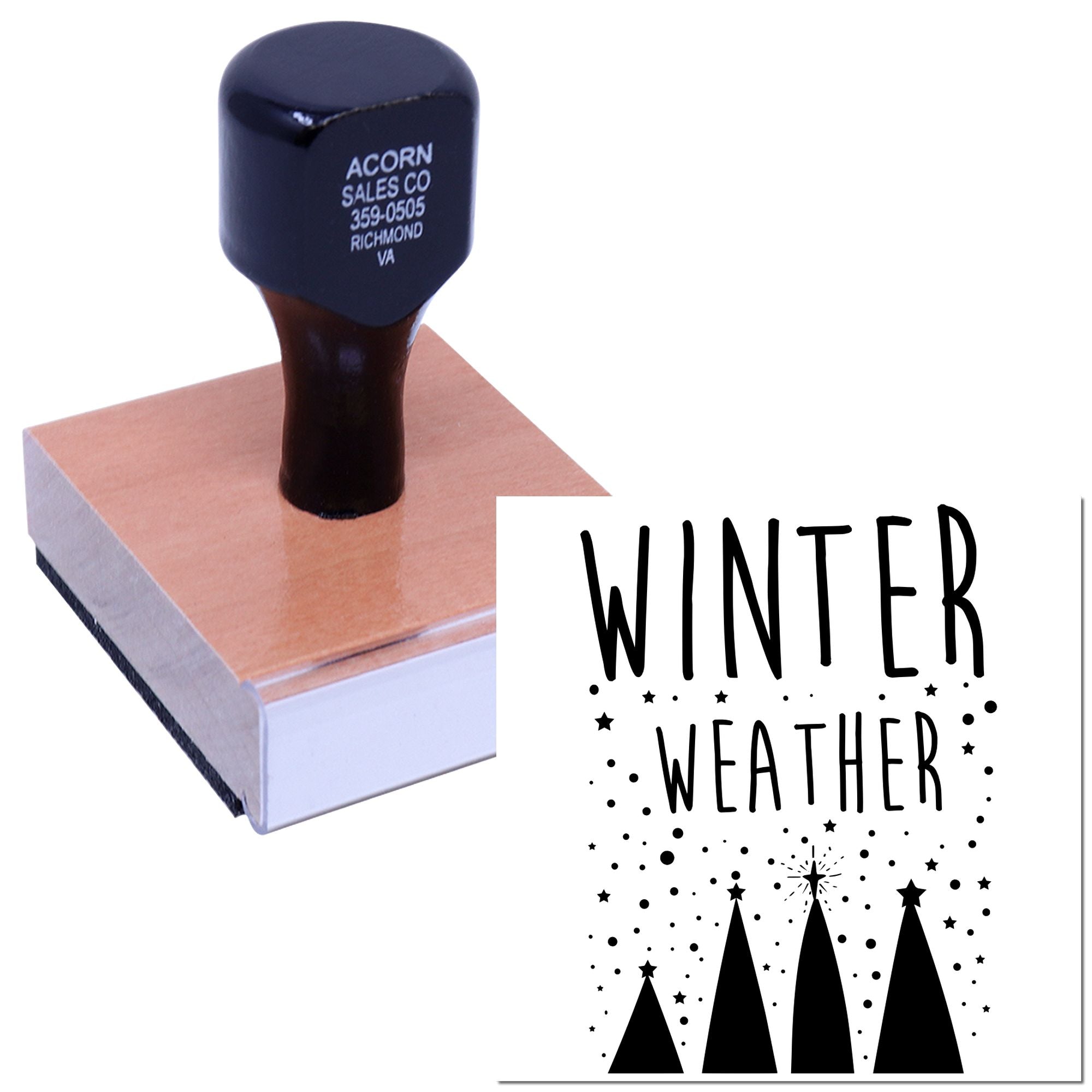 Wood-mounted rubber stamp with Winter Weather design for holiday cards, scrapbooking, and winter craft projects.