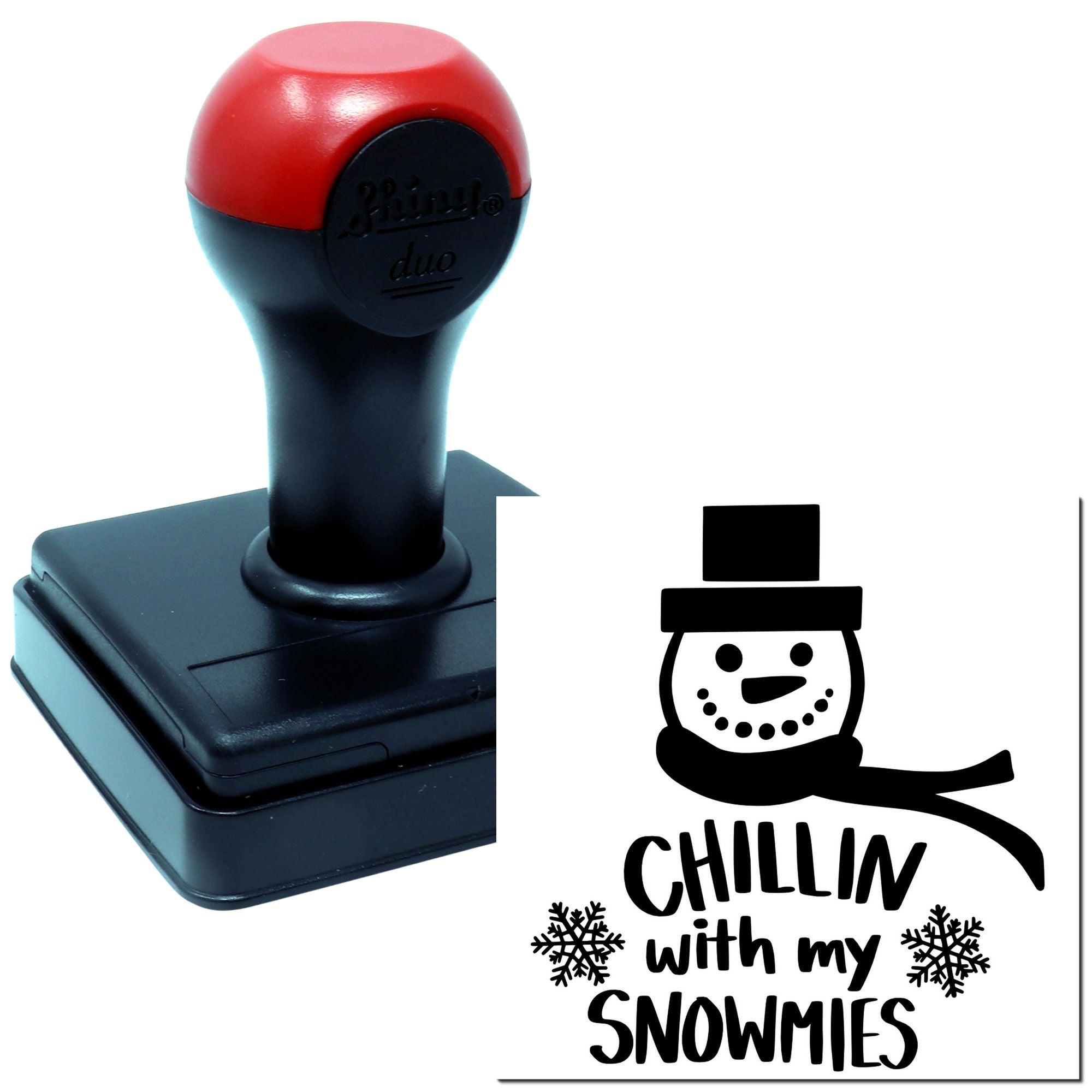 Custom self-inking rubber stamp with snowman design and Chillin with my Snowmies holiday stamp impression.