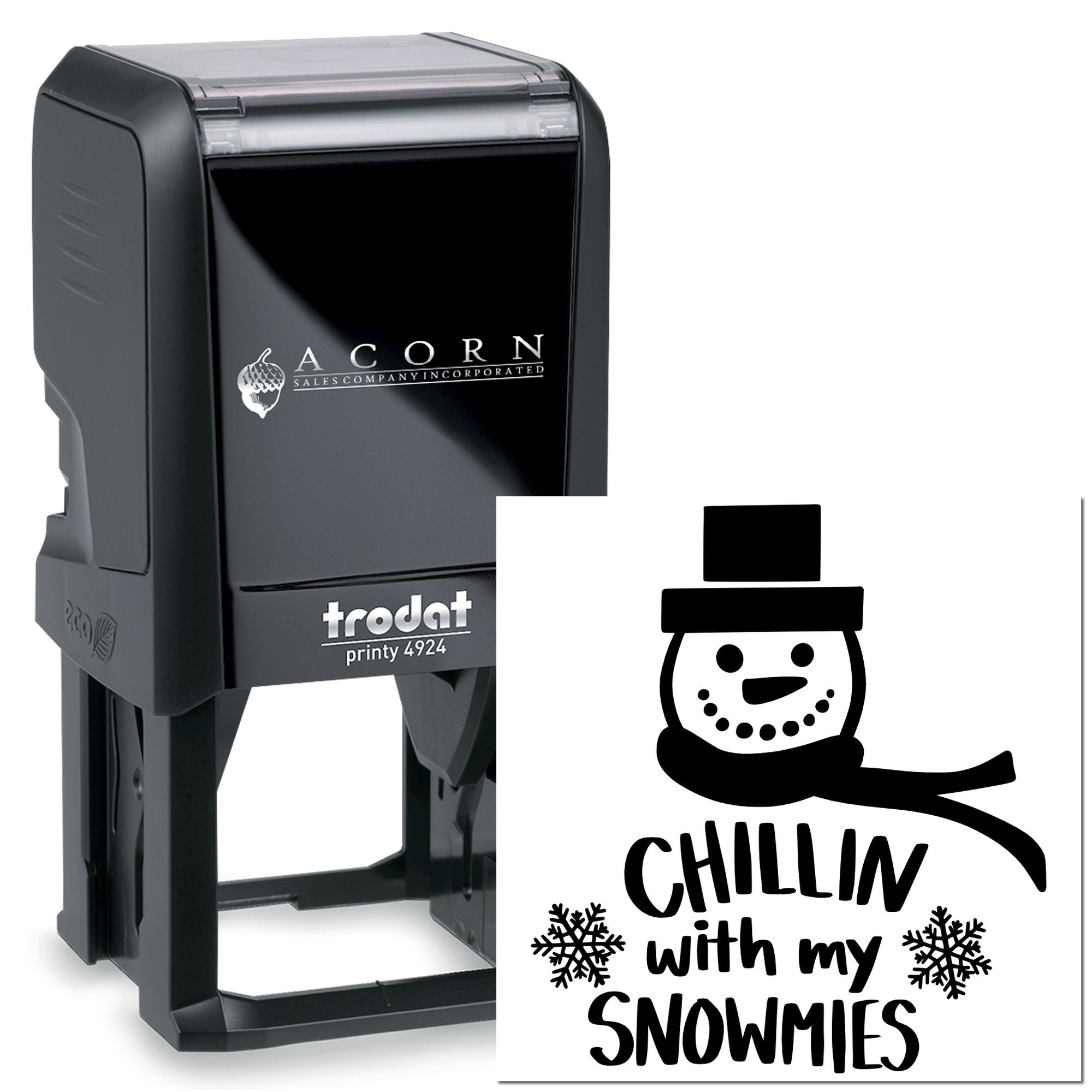 Trodat Printy 4924 custom self-inking rubber stamp with snowman design and Chillin with my Snowmies holiday message.