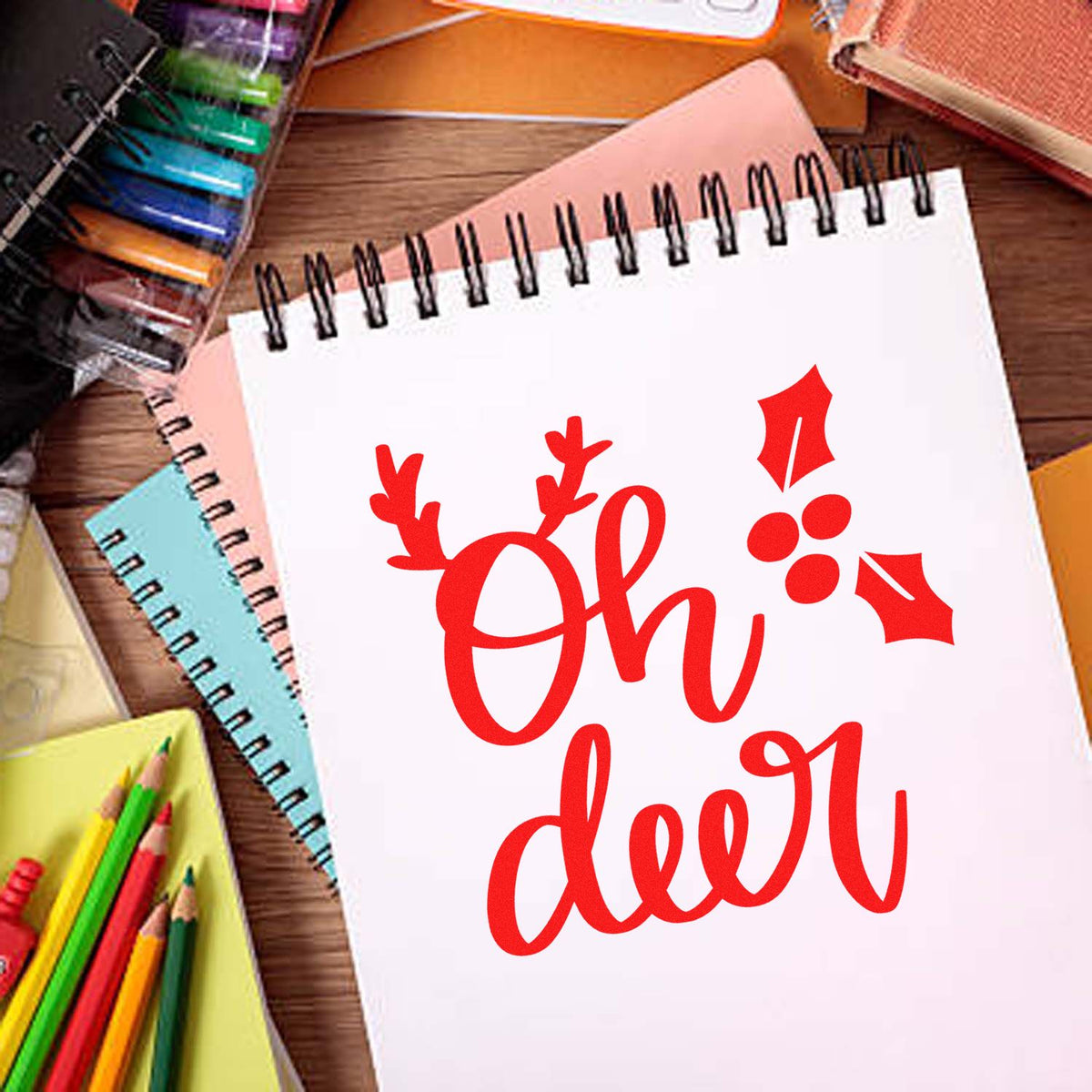 Oh Deer Antlers Holly rubber stamp shown in red ink, stamped for projects such as simple album page.